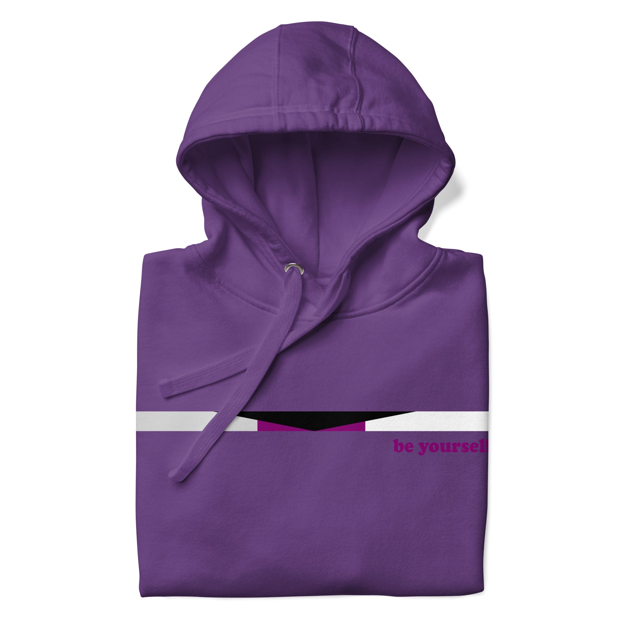 The Demisexual Hoodie by Pridelity is a stylish purple hoodie that highlights a small pride flag design across the chest, featuring black, gray, white, and purple stripes. Bold red text beside the flag reads 