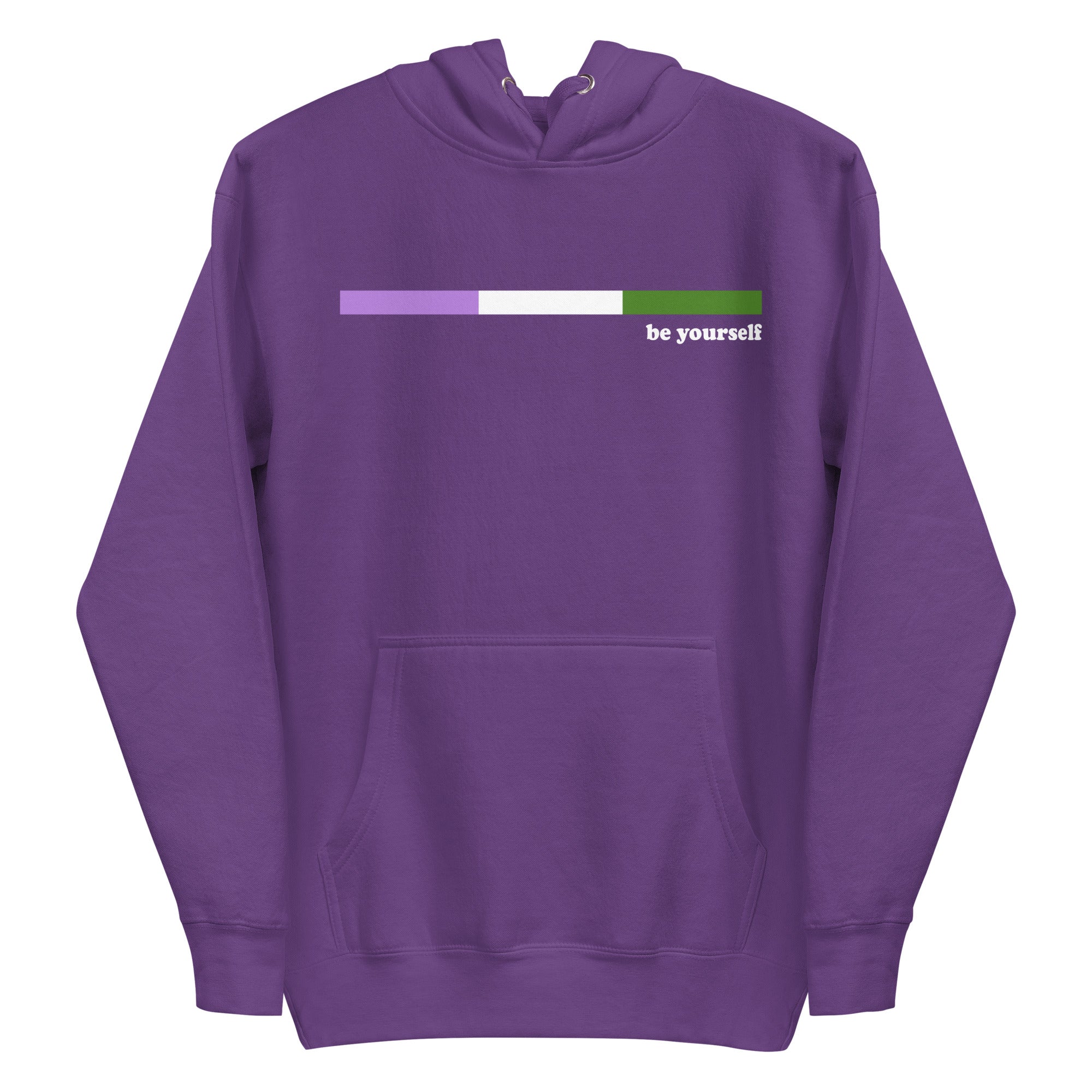 The Genderqueer Hoodie by Pridelity showcases a purple design with a genderfluid pride flag on the chest. Displaying the phrase 