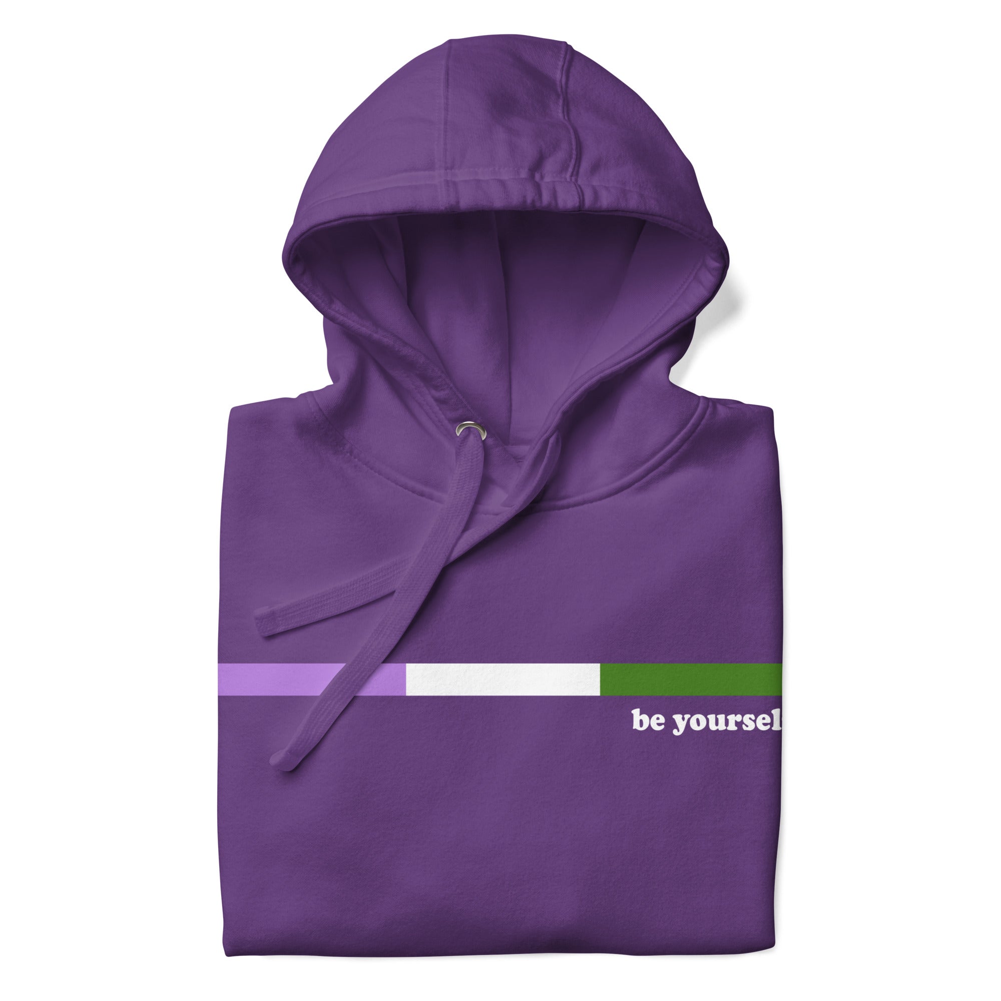 The Genderqueer Hoodie by Pridelity showcases a purple design with a genderfluid pride flag on the chest. Displaying the phrase 