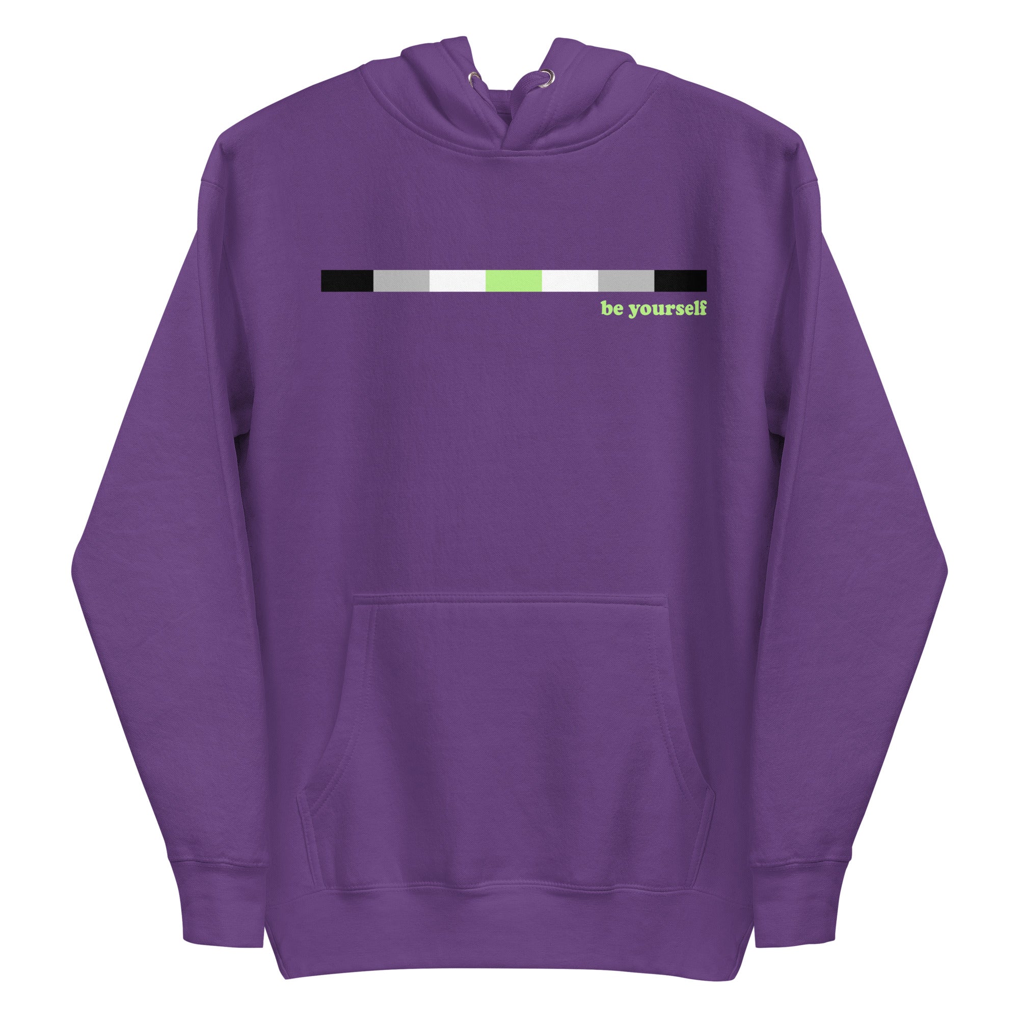 Introducing the Pridelity Agender Hoodie: a navy blue hoodie featuring a horizontal color bar in black, gray, white, and green. Adjacent to the bar on the right side is green text that reads 