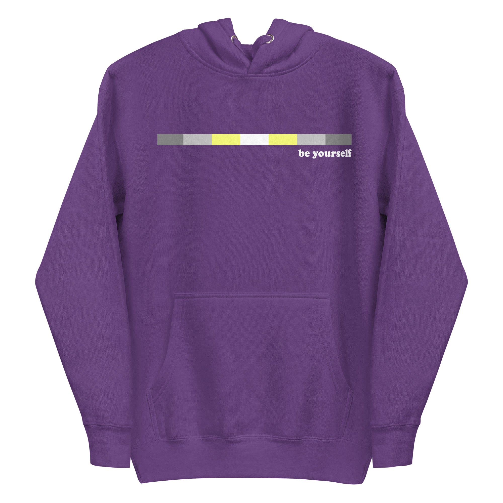 Introducing the Demigender Hoodie by Pridelity: a black pride hoodie showcasing a horizontal progress bar design in gray, yellow, and black shades. The text 