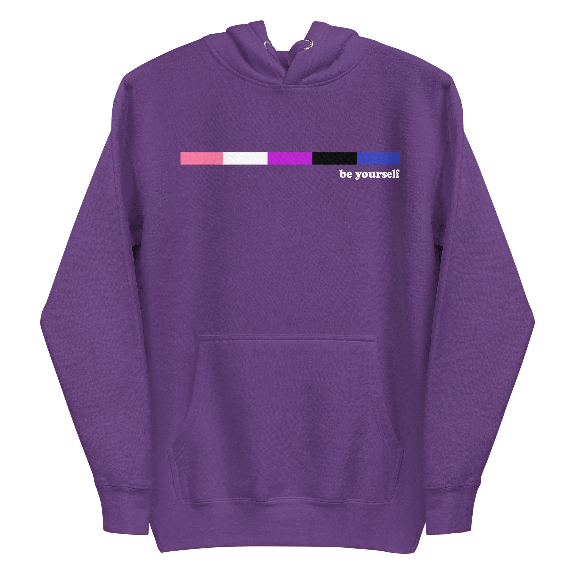 Introducing the Pridelity Genderfluid Hoodie, a navy blazer hoodie that celebrates self-expression with a color bar featuring horizontal stripes in pink, white, purple, and black. Accompanying the vibrant design are the empowering words 