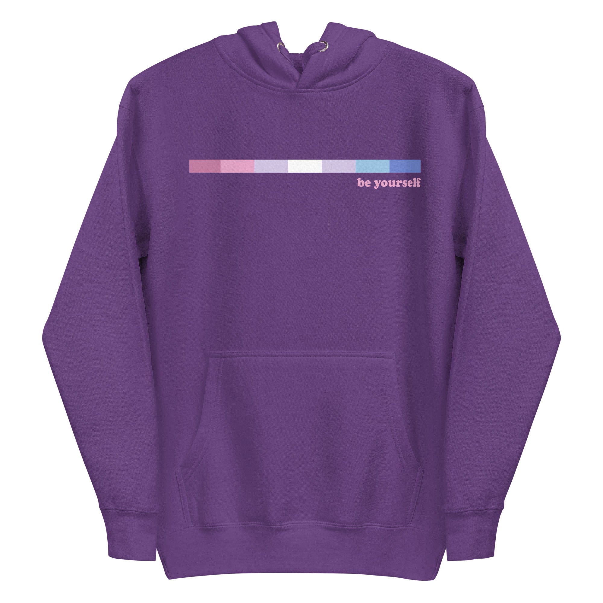 Introducing the Bigender Hoodie from Pridelity's Pride Collections, available in maroon. This hoodie showcases a front pocket and a beautiful horizontal gradient in pink and purple shades, with the phrase 