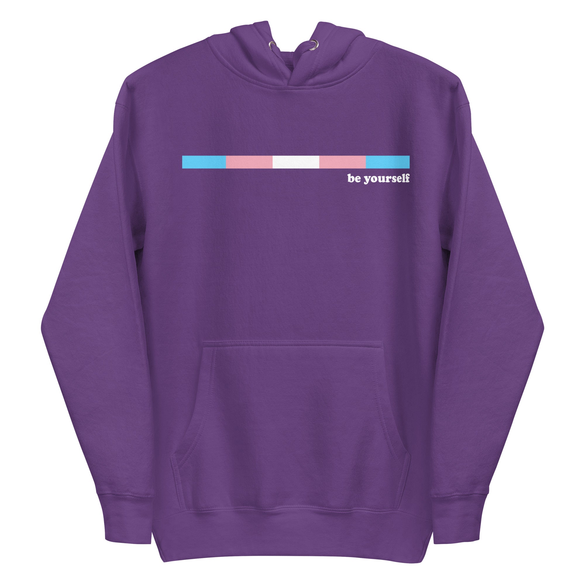 Celebrate your LGBTQ+ pride with Pridelity's Trans Hoodie in Team Royal. This stylish hoodie features a front pocket and a thin horizontal gradient bar of blue, pink, and white. Next to it, you'll find the empowering message 