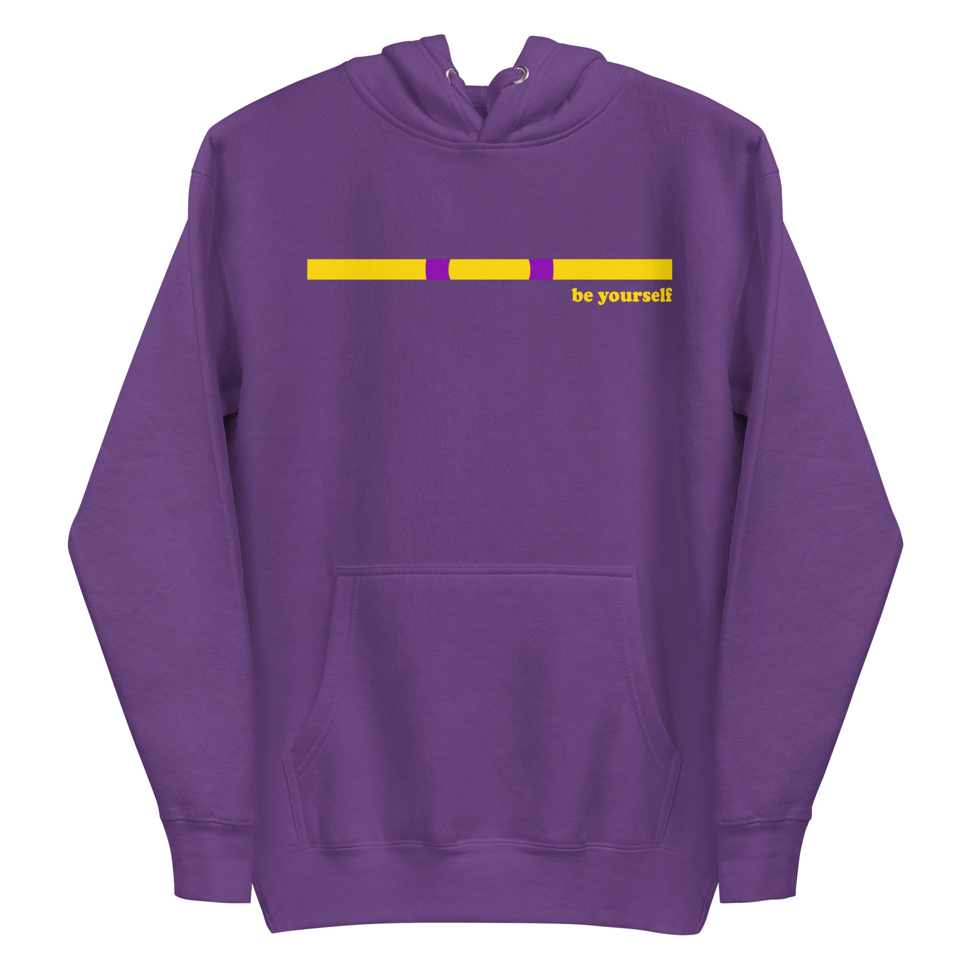 The Intersex Hoodie by Pridelity, in black, features a horizontal yellow and purple bar above the chest with 