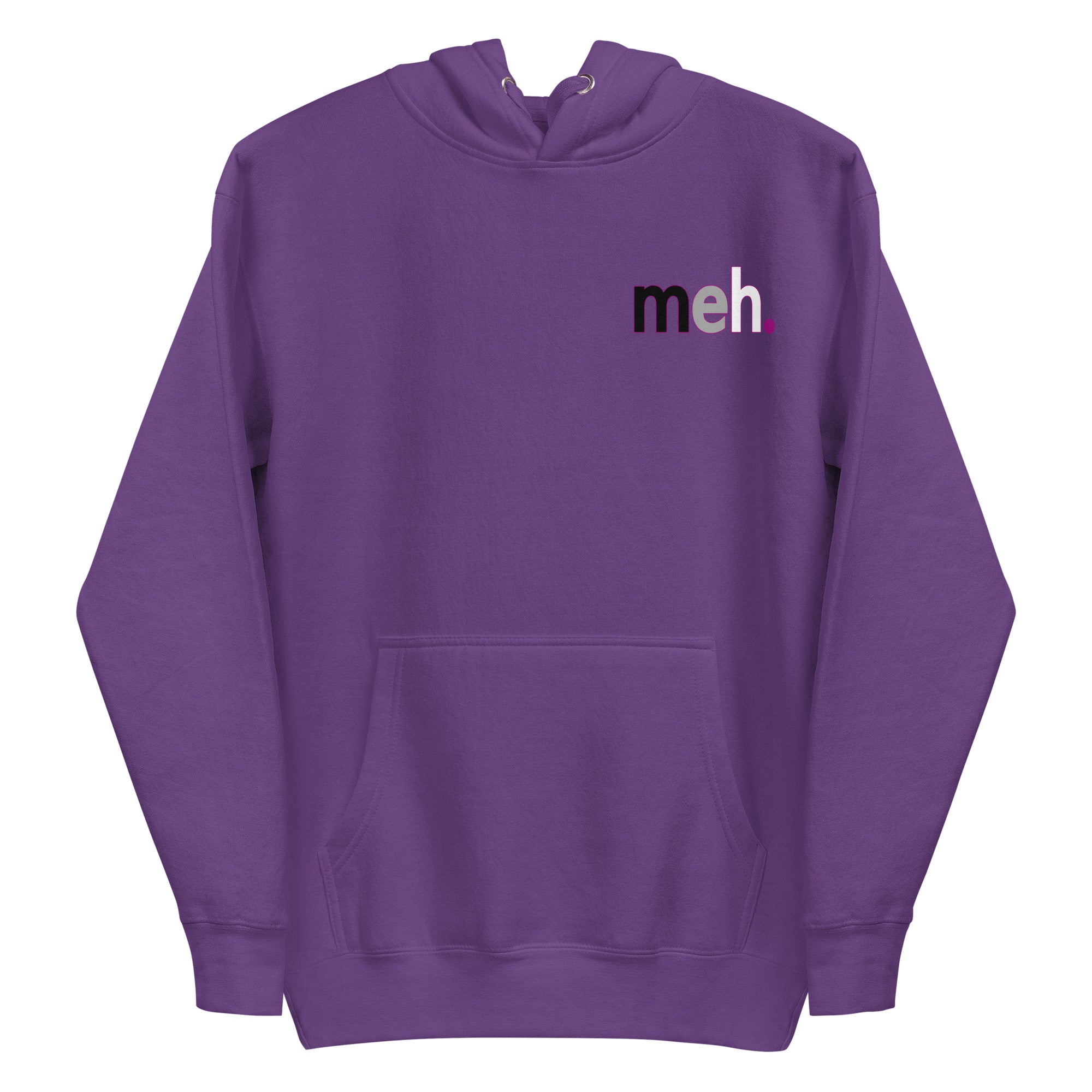 Introducing the Meh. Hoodie by Pridelity, featuring bold black and purple 