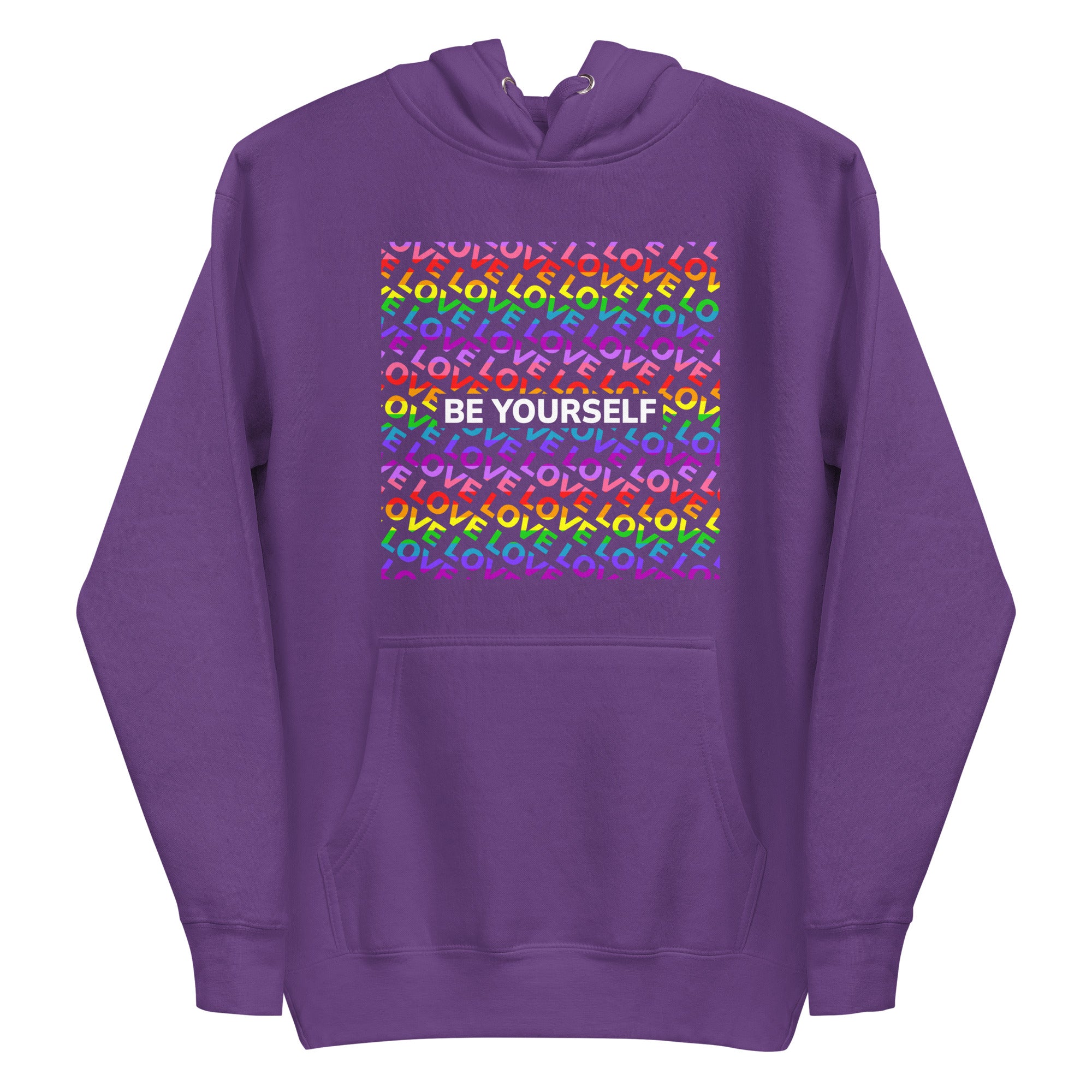 Introducing the Be Yourself Hoodie by Pridelity: a black hoodie adorned with a vibrant square pattern and the uplifting message 