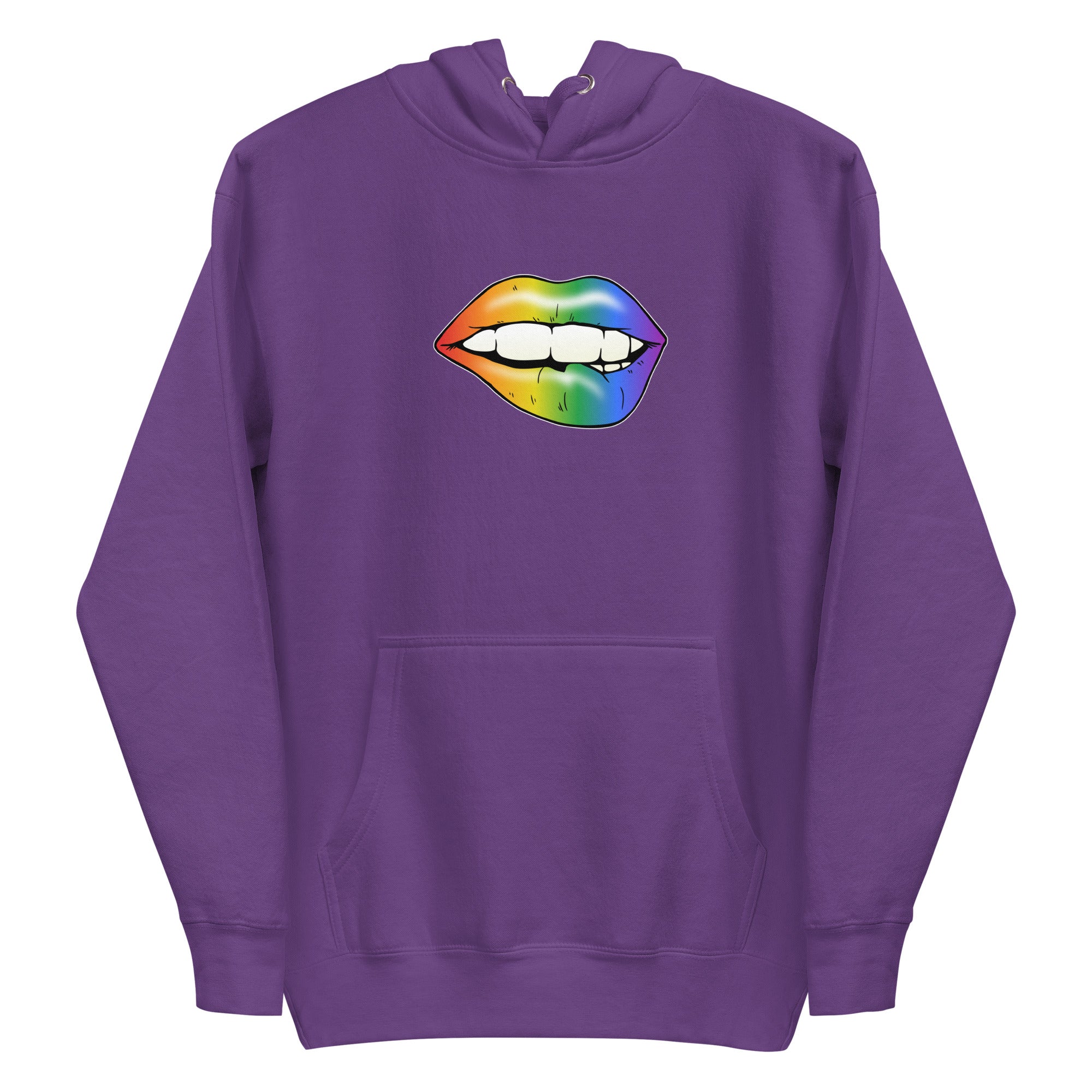 The Flirty Lips Hoodie from Pridelity is a black pride sweatshirt that showcases a design of lips playfully biting the lower lip, adorned with a striking rainbow gradient.