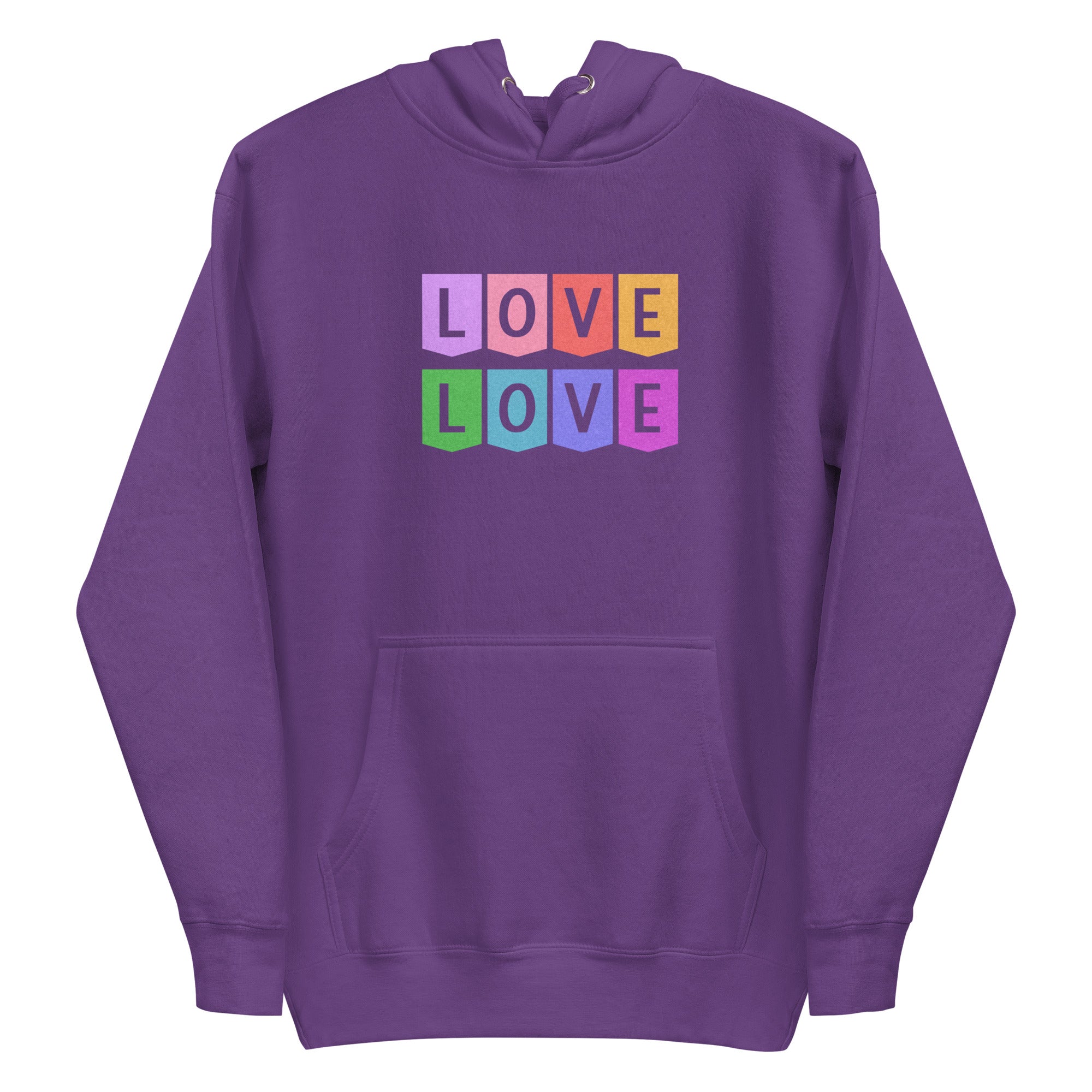 The Pridelity Love Love Hoodie is a white hoodie showcasing a colorful block design on the chest, with the word 