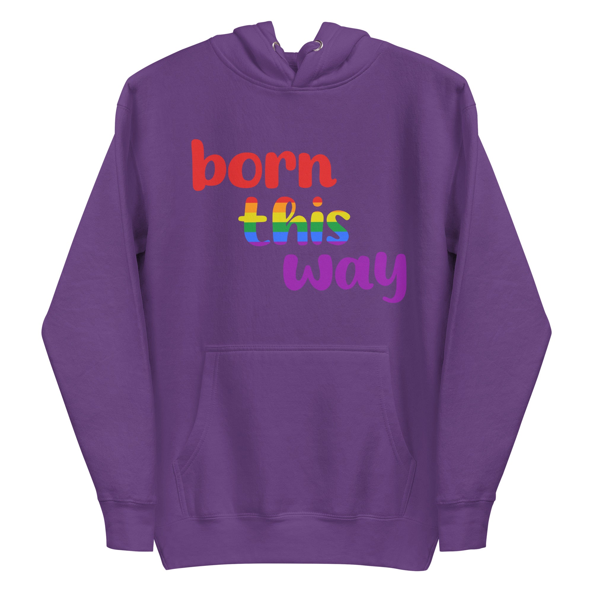 The Born This Way Hoodie by Pridelity is a standout piece in our Pride Merch. It features bold lettering on the front, with 