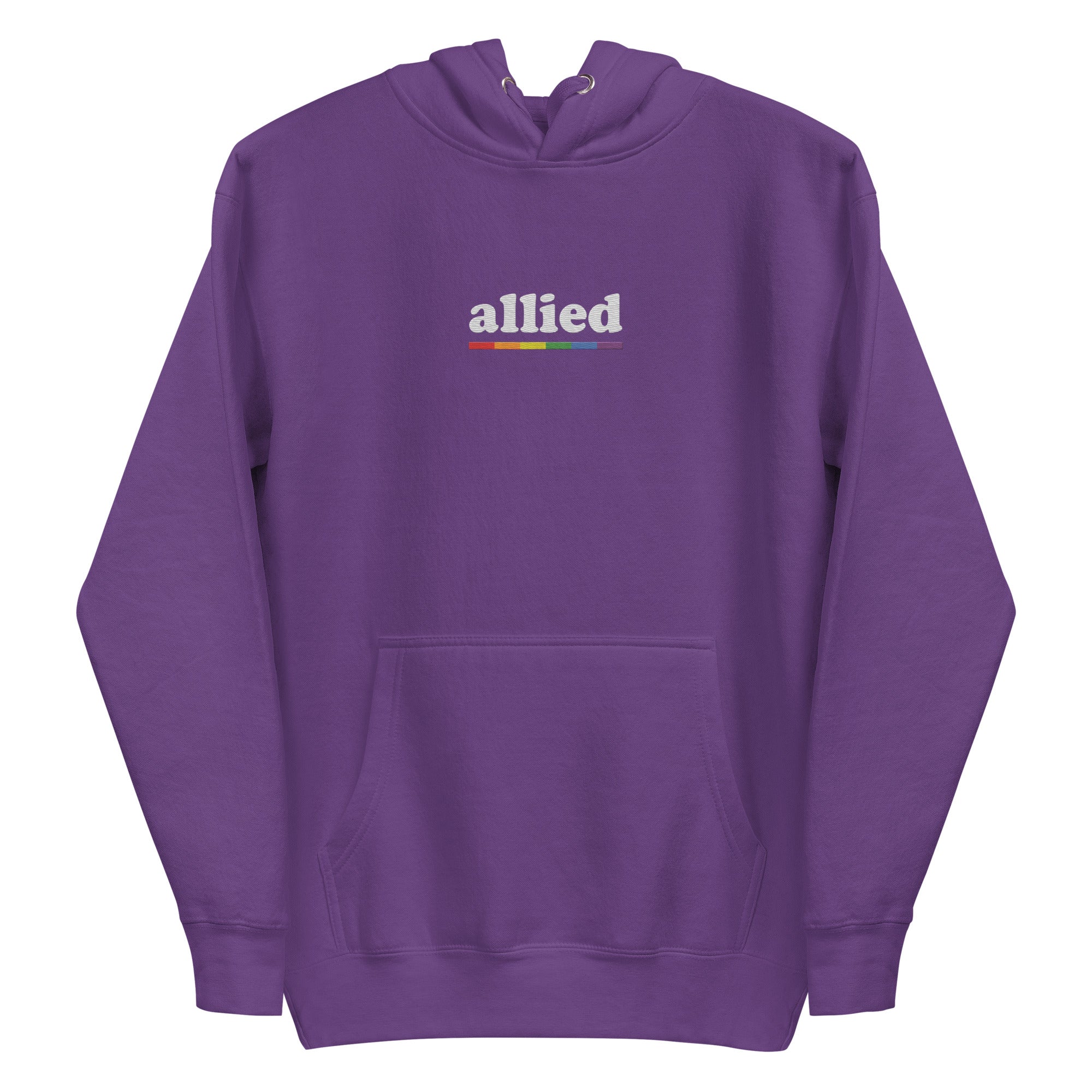 The Allied Hoodie by Pridelity is a black hoodie adorned with the word 