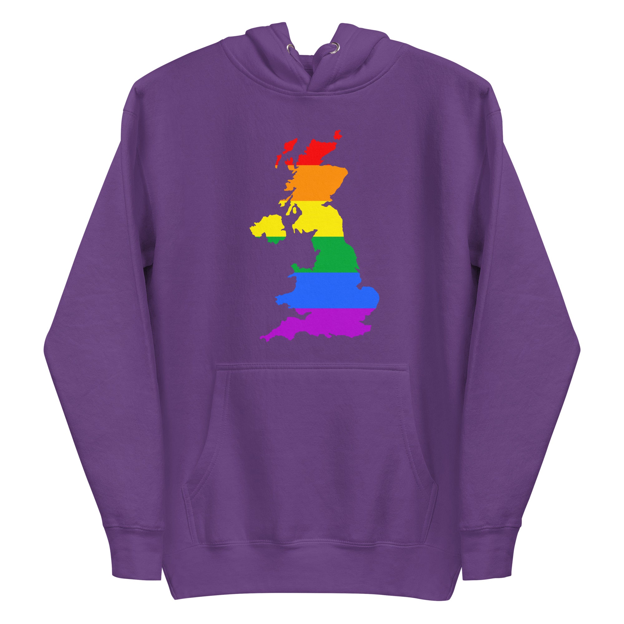 Introducing the British Isles Pride Hoodie by Pridelity, this sky blue hoodie features a vibrant depiction of Great Britain in rainbow colors, reflecting the LGBTQ+ pride flag. The eye-catching design is prominently displayed on the chest, making it an essential piece for any Pride Collection.