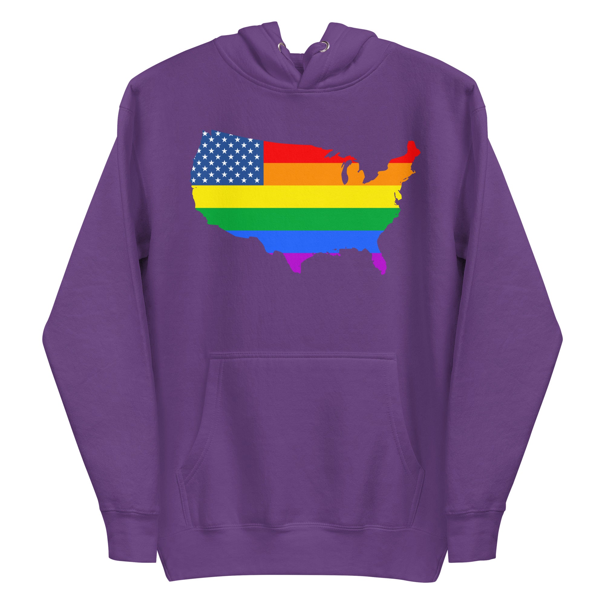 The US Map Pride Hoodie by Pridelity, in a sky blue color, showcases the United States map adorned with an American flag design that transitions into rainbow stripes, representing LGBTQ+ pride.