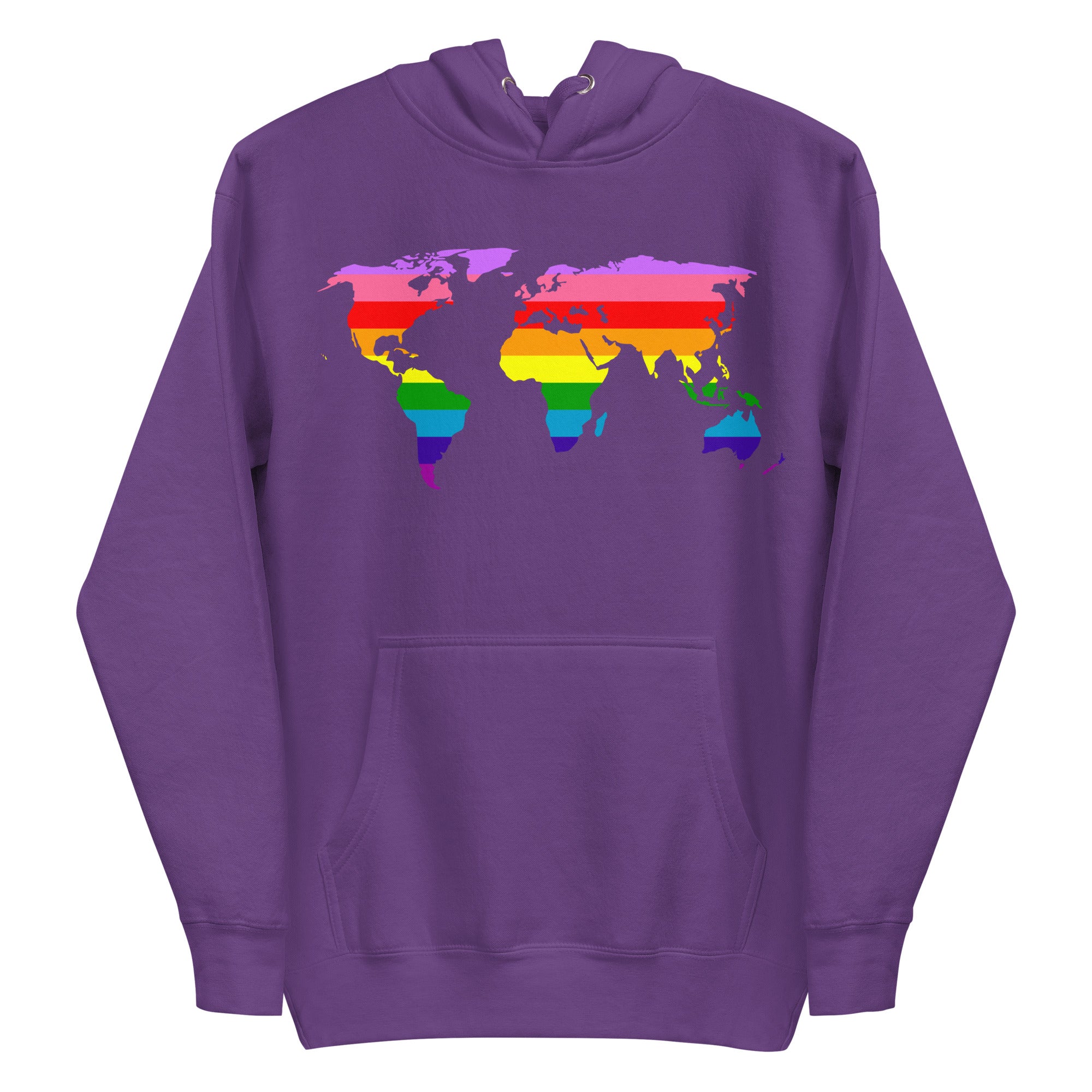 Introducing the World Pride Hoodie from Pridelity. This sky blue hoodie showcases a vibrant world map with continents in the colors of the LGBTQ+ pride flag, prominently displayed on the front. Designed for comfort, it also features a convenient front pocket and drawstrings.