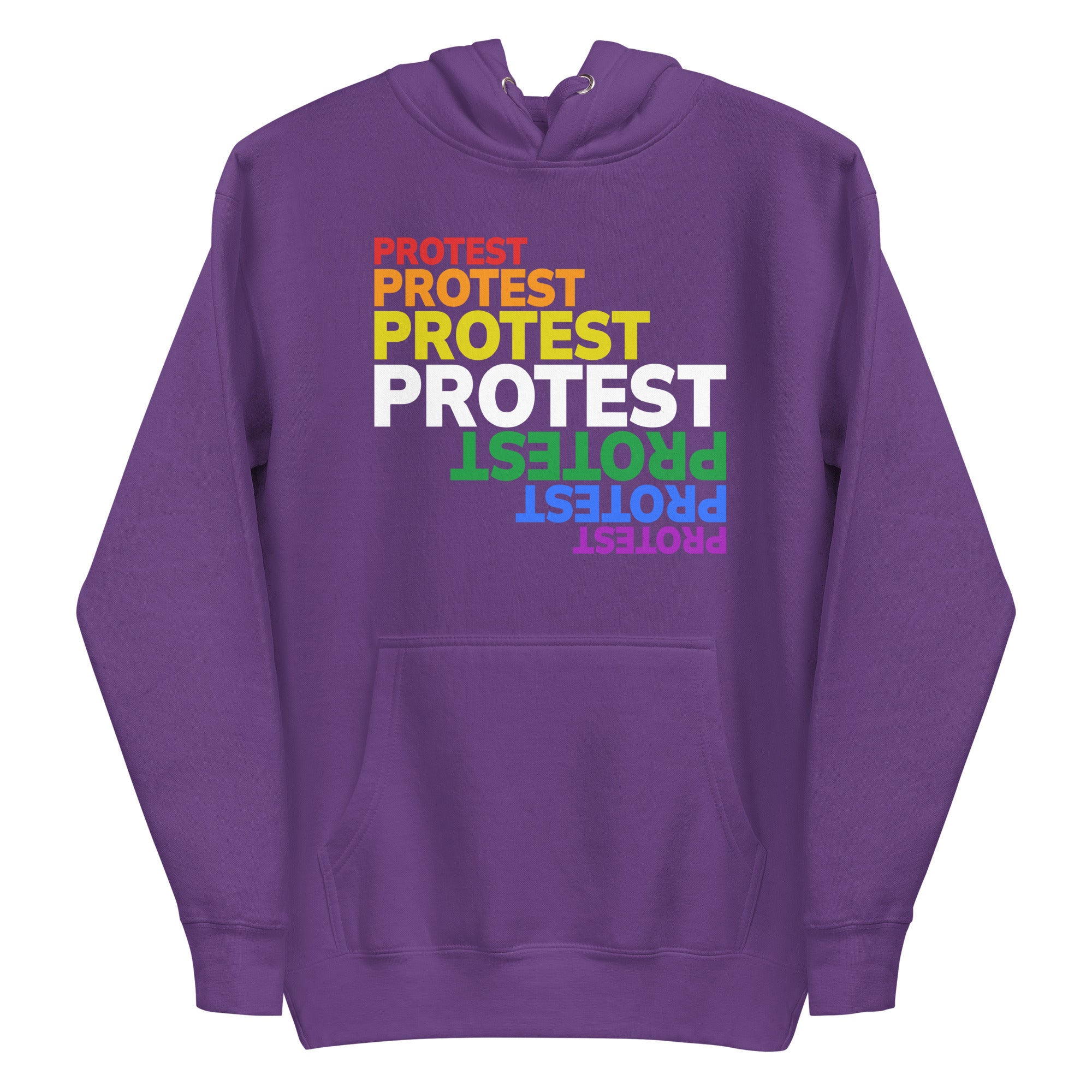 Introducing the Protest Hoodie by Pridelity: a sleek black hoodie featuring the word 