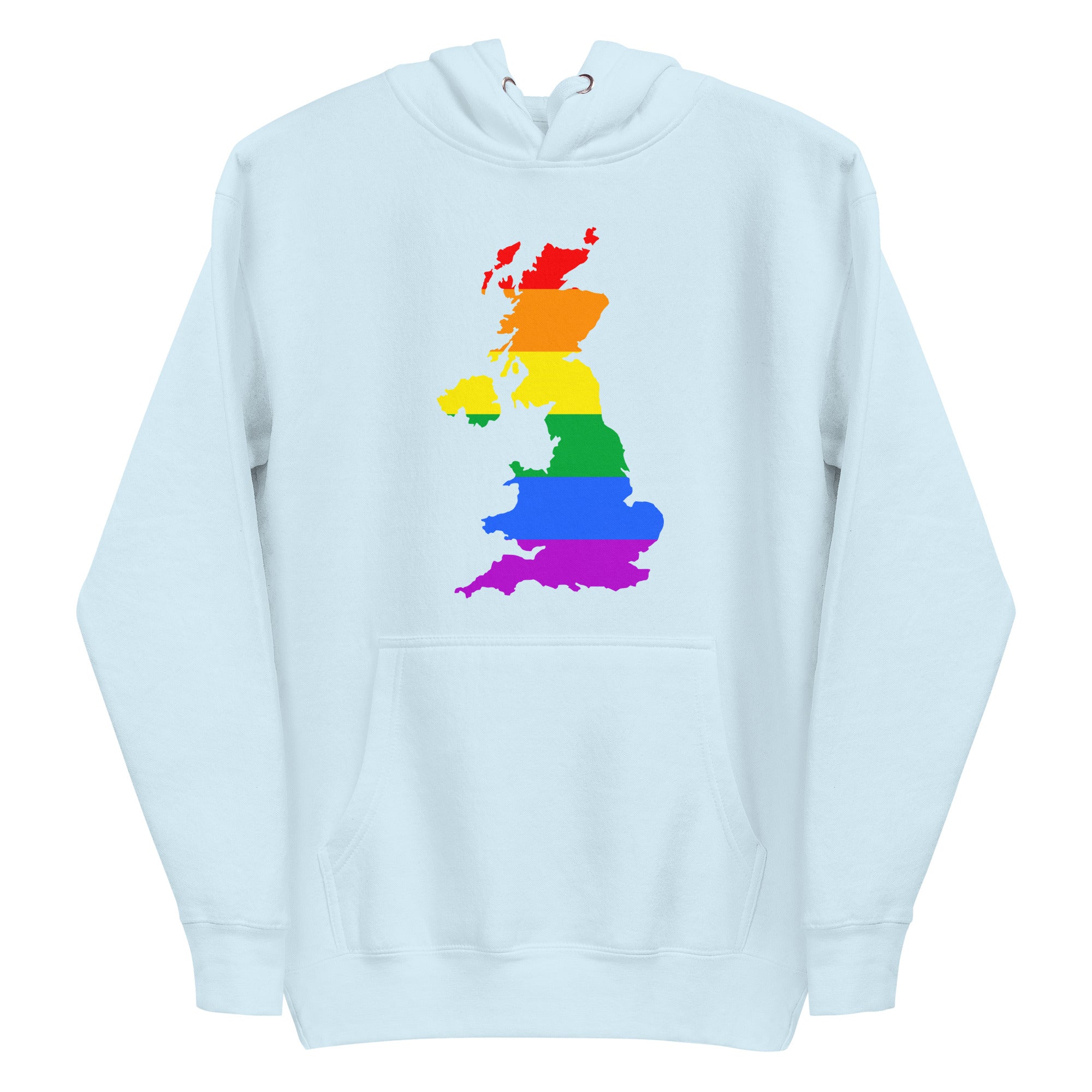 Introducing the British Isles Pride Hoodie by Pridelity, this sky blue hoodie features a vibrant depiction of Great Britain in rainbow colors, reflecting the LGBTQ+ pride flag. The eye-catching design is prominently displayed on the chest, making it an essential piece for any Pride Collection.