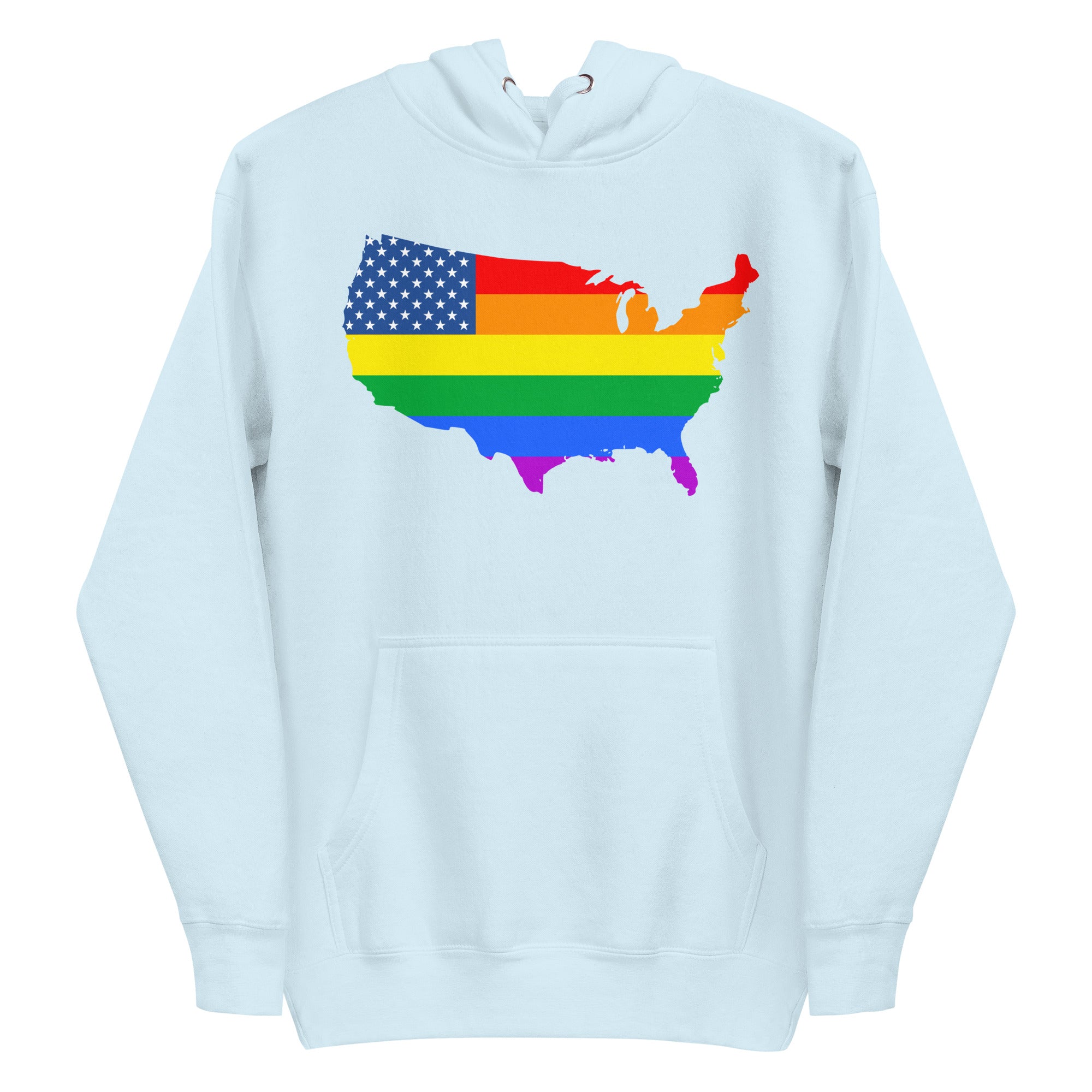 The US Map Pride Hoodie by Pridelity, in a sky blue color, showcases the United States map adorned with an American flag design that transitions into rainbow stripes, representing LGBTQ+ pride.