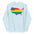 The US Map Pride Hoodie by Pridelity, in a sky blue color, showcases the United States map adorned with an American flag design that transitions into rainbow stripes, representing LGBTQ+ pride.