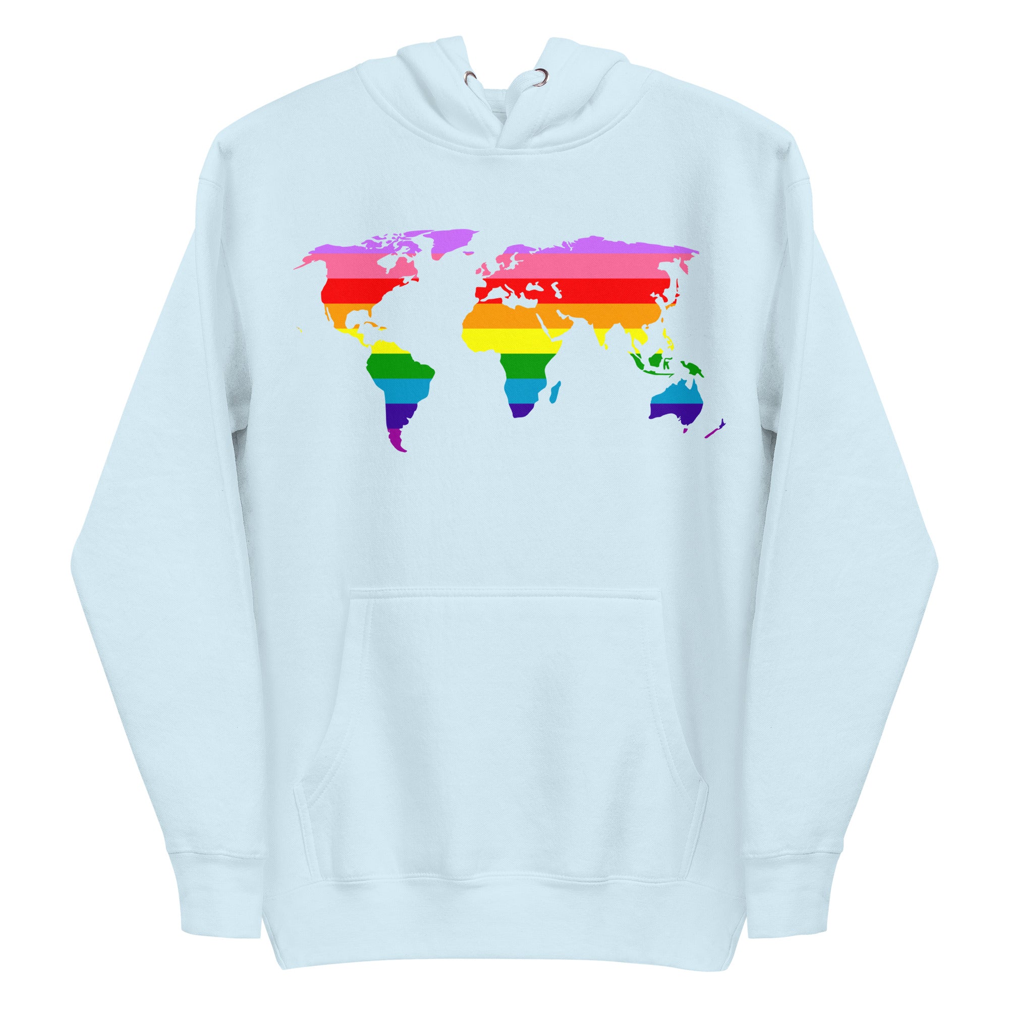 Introducing the World Pride Hoodie from Pridelity. This sky blue hoodie showcases a vibrant world map with continents in the colors of the LGBTQ+ pride flag, prominently displayed on the front. Designed for comfort, it also features a convenient front pocket and drawstrings.