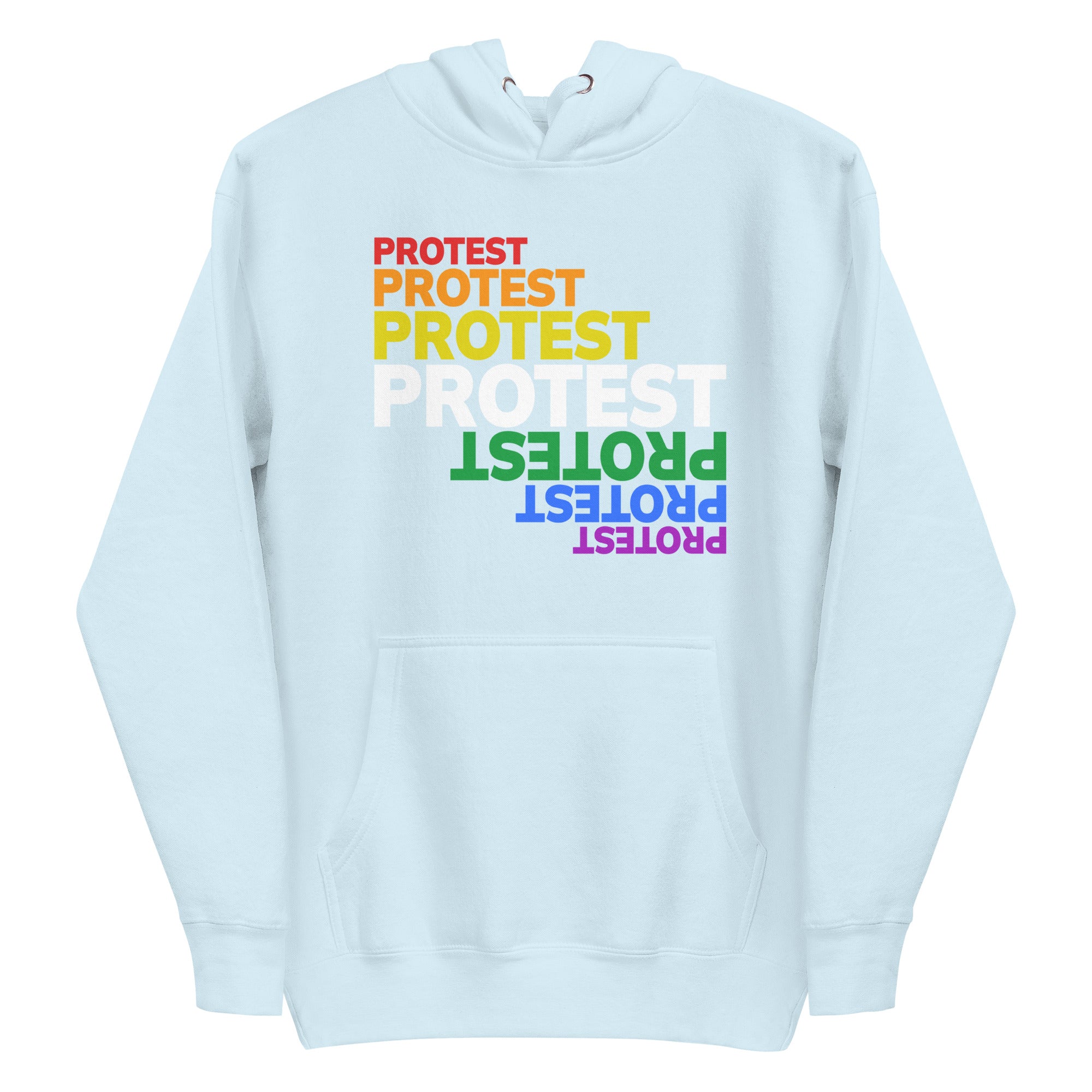 Introducing the Protest Hoodie by Pridelity: a sleek black hoodie featuring the word 