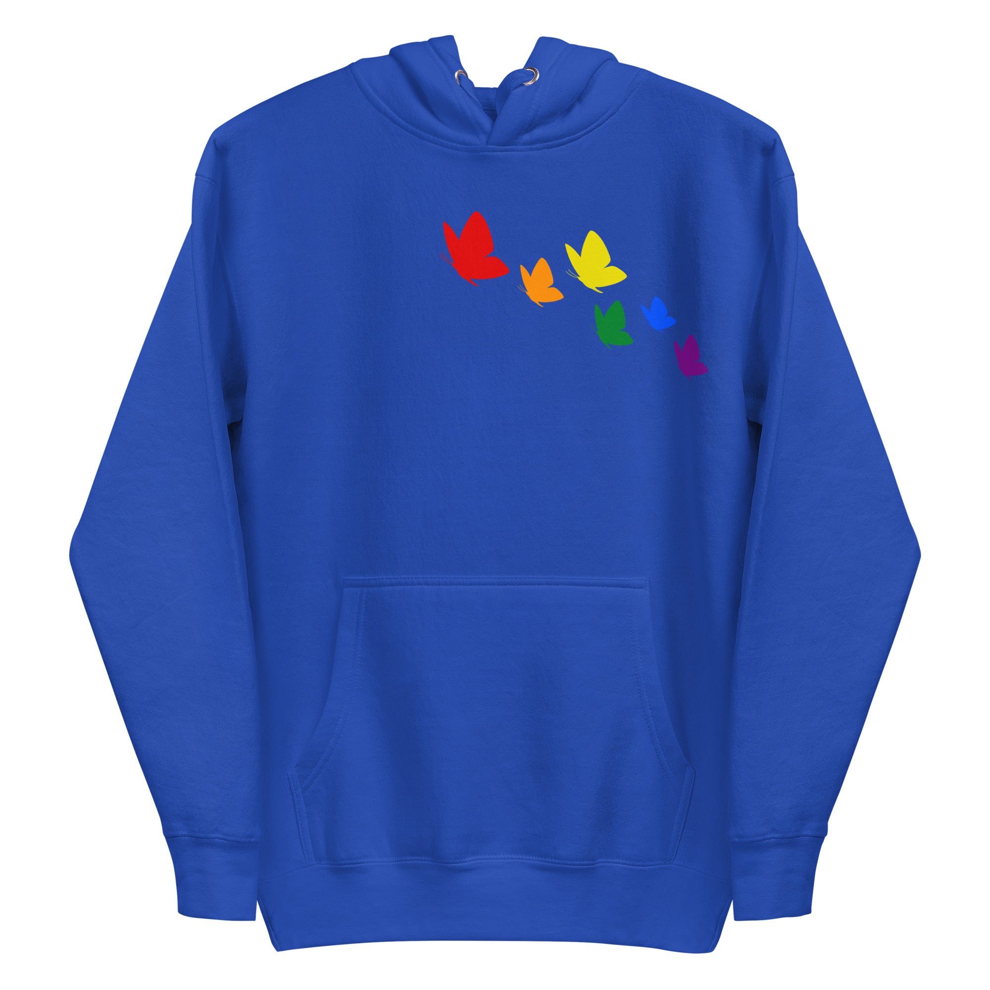 This Butterfly Hoodie from Pridelity's Pride Collection features a striking design of seven butterflies arranged in a diagonal pattern, each reflecting the colors of the rainbow: red, orange, yellow, green, light blue, dark blue, and purple.