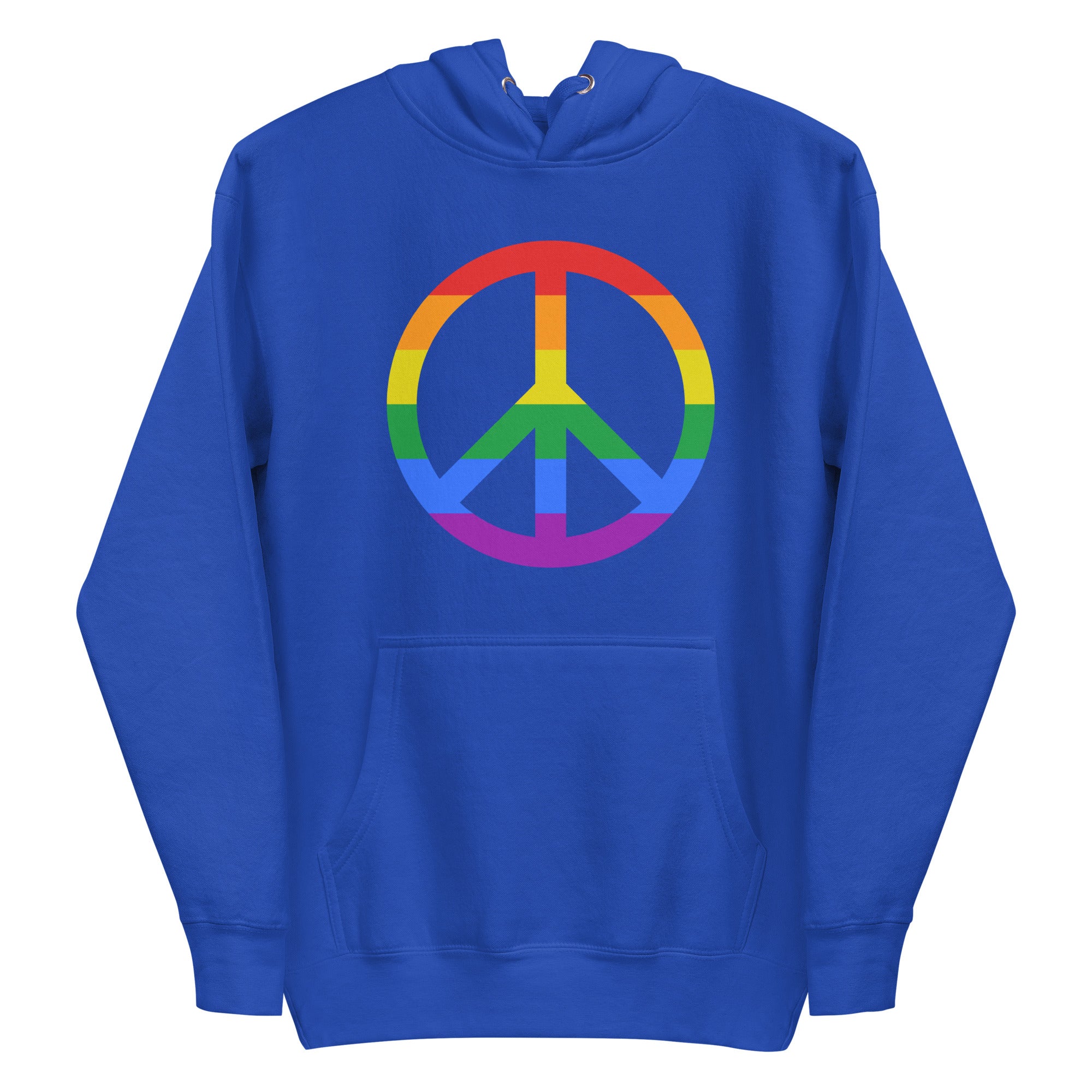 The Peace Hoodie by Pridelity showcases a rainbow peace symbol on the front of a black hoodie, set against a plain white background, making it an ideal addition to your pride shirt collection.