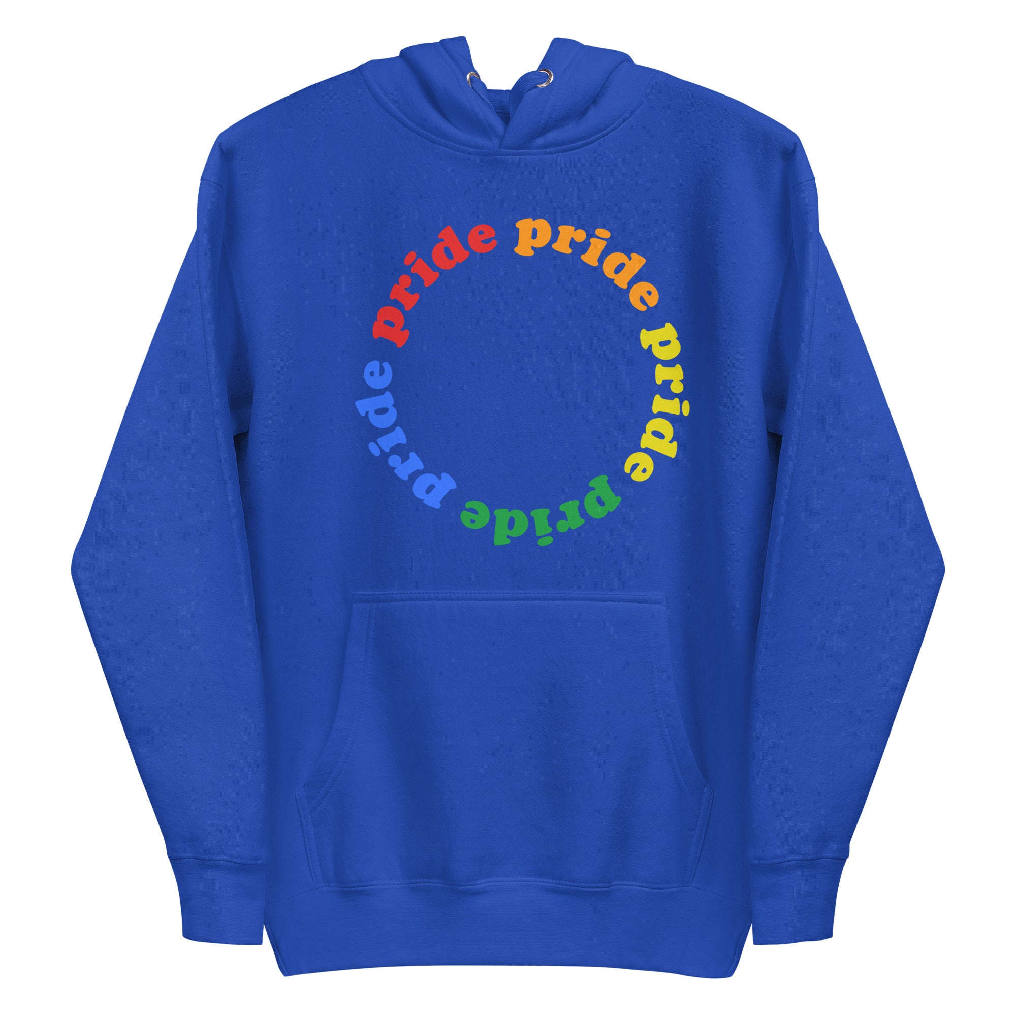 Introducing the Pride Circle Hoodie by Pridelity, a stylish white hoodie that celebrates pride with a captivating circular design featuring the word 