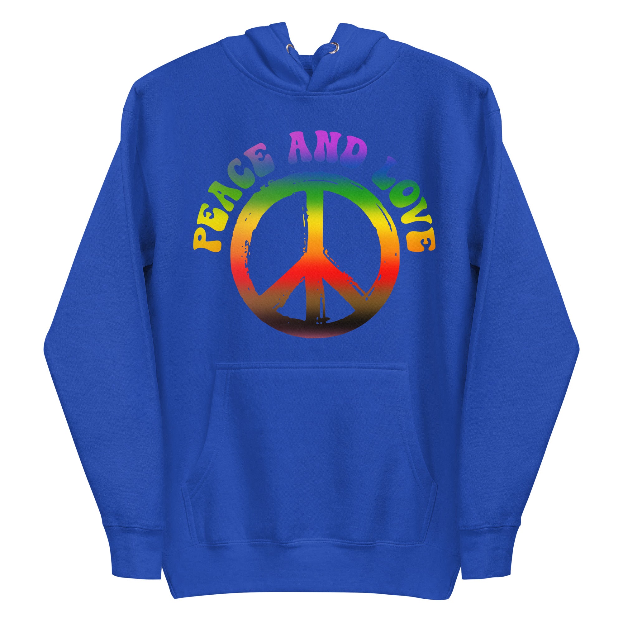 The Peace & Love Hoodie by Pridelity is a white hoodie adorned with a vibrant peace symbol and 