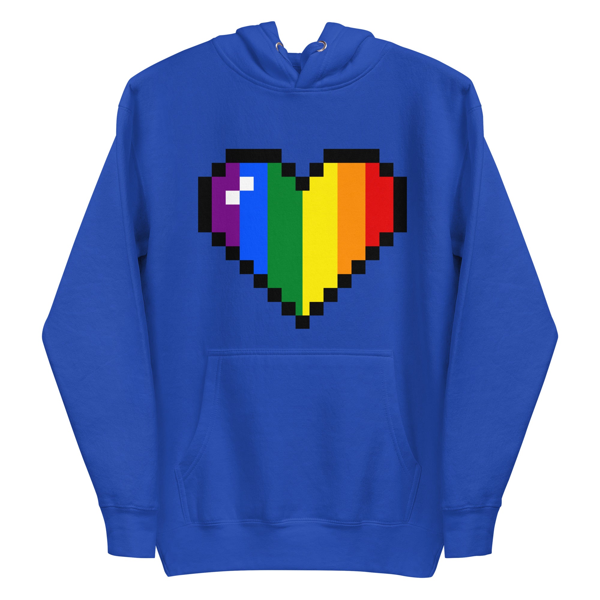 Introducing the Big Pixel Heart Hoodie by Pridelity, a team royal blue garment showcasing a centrally placed pixelated heart design in radiant rainbow shades of red, orange, yellow, green, blue, and purple. Proudly part of our Pride Collection.