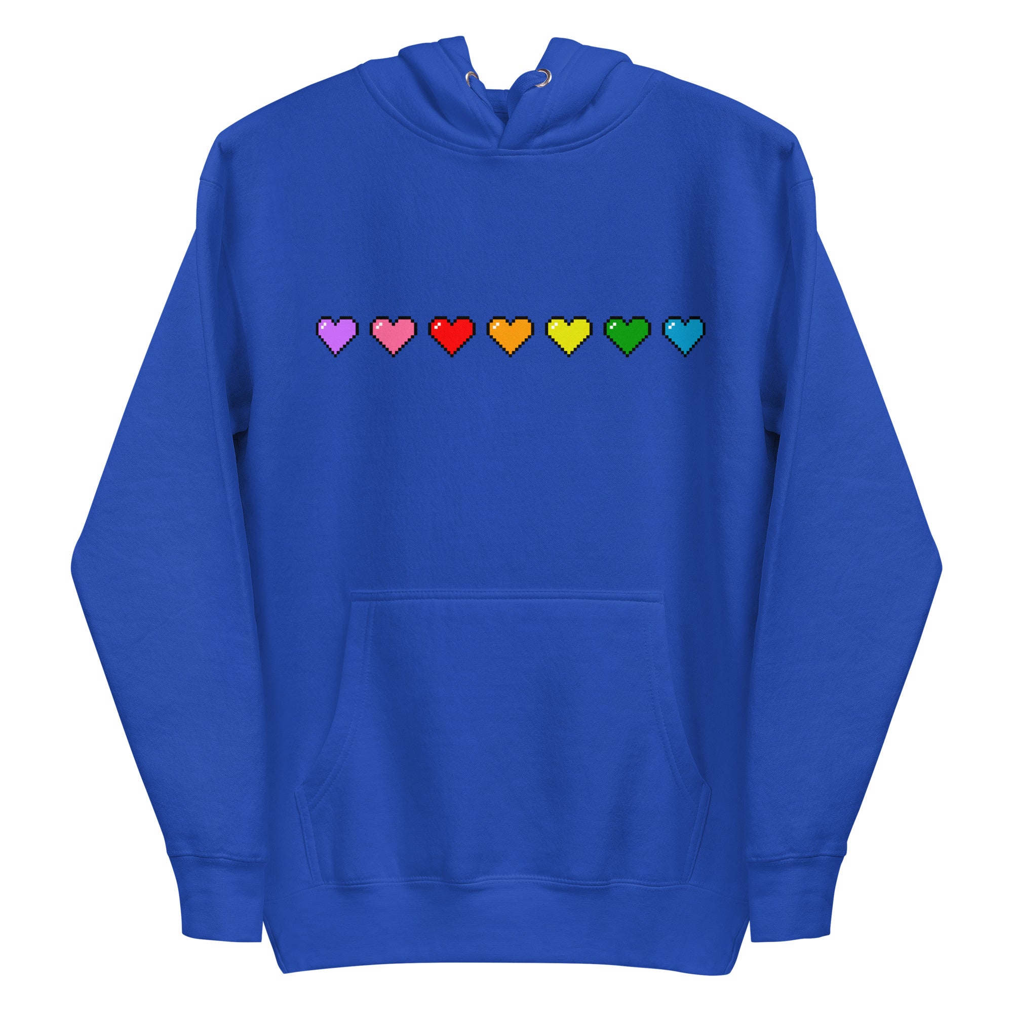 Introducing the Pixel Hearts Hoodie by Pridelity: This white hoodie showcases a row of pixelated hearts in vibrant rainbow colors—purple, pink, red, orange, yellow, green, and blue—across the chest, capturing the lively essence of pride shirts. It is designed with a convenient front pocket and a drawstring hood for added style and comfort.