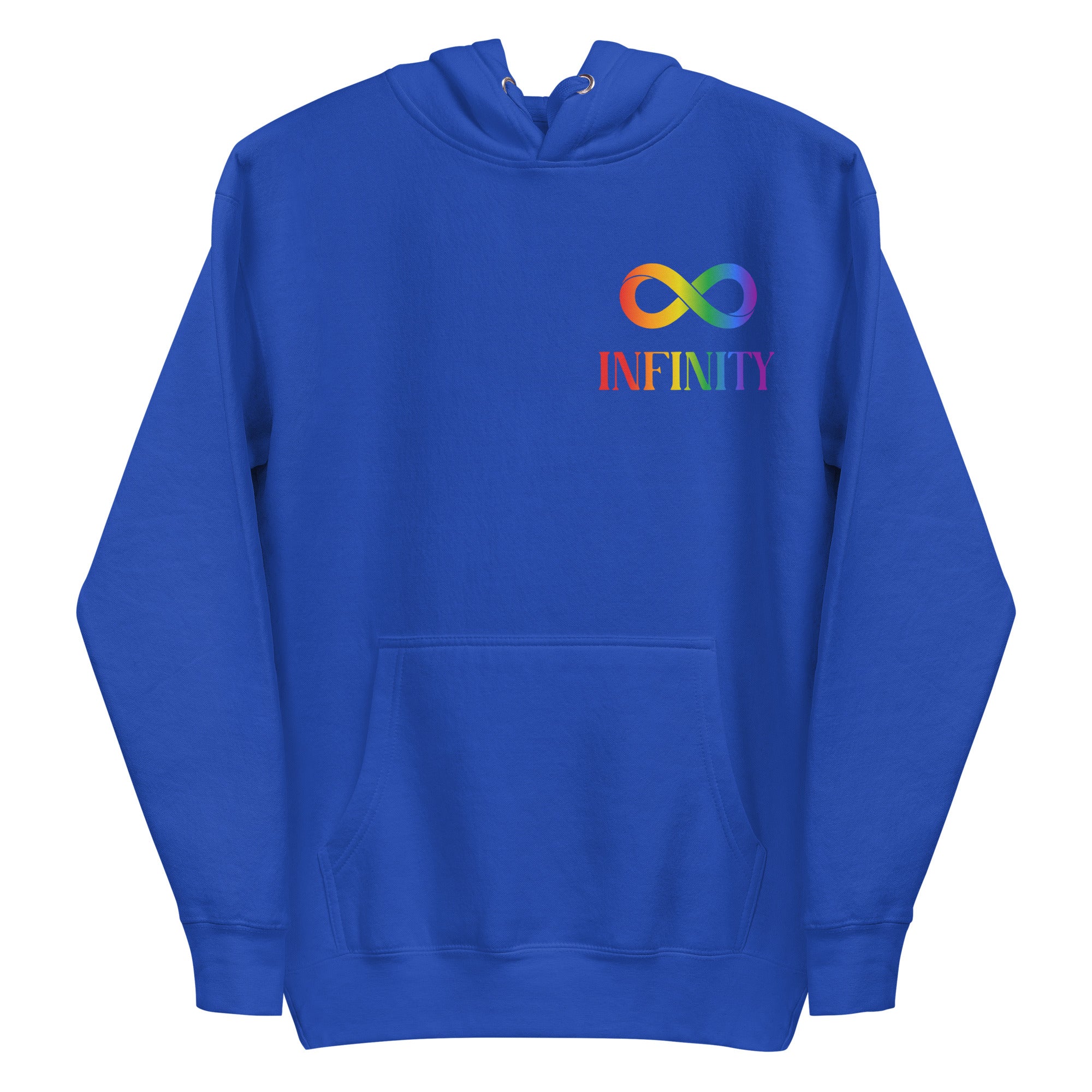 Introducing the Infinity Hoodie by Pridelity, a black hoodie adorned with a vibrant gradient rainbow infinity symbol and the word 