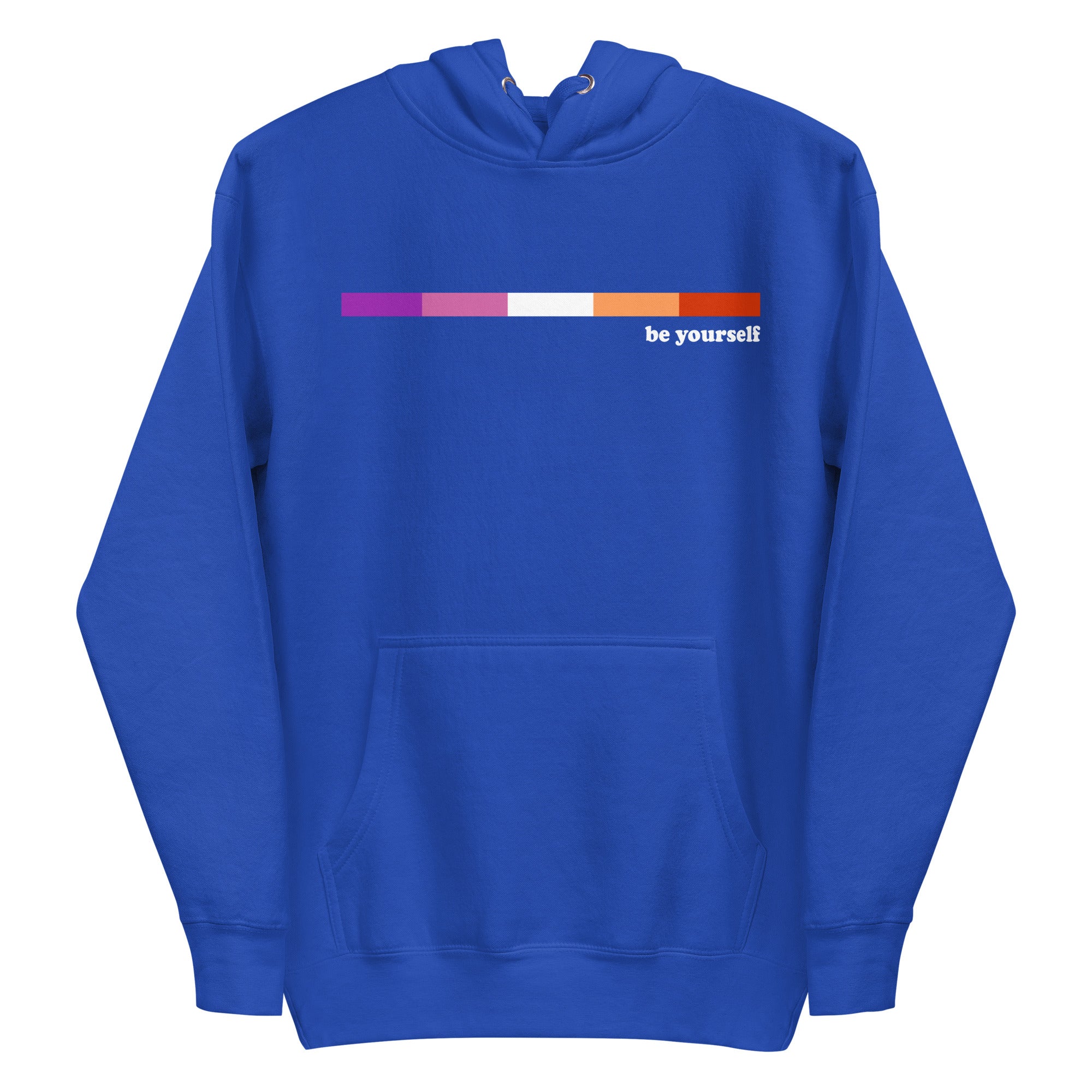 Introducing the Pridelity Lesbian Hoodie: a maroon hoodie with a front pocket, featuring a stunning pride-inspired horizontal gradient from purple to orange. 