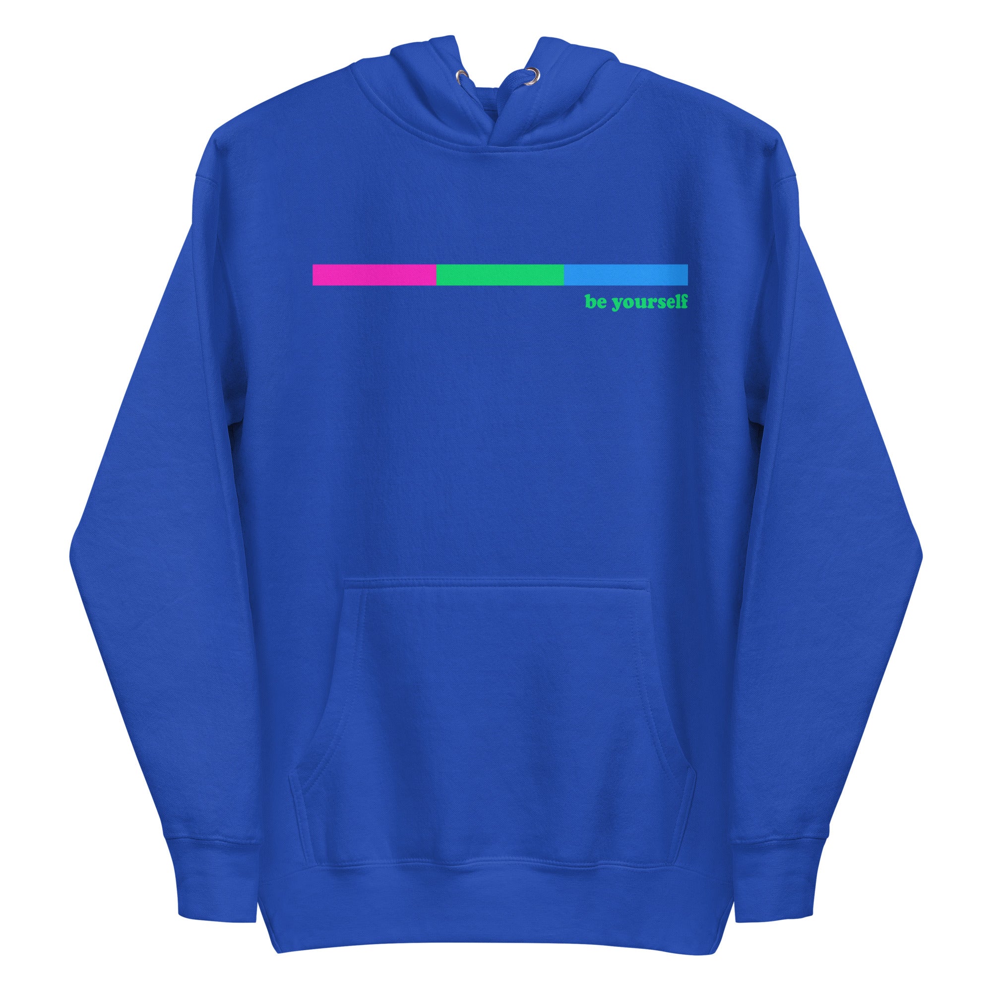 Introducing the Polysexual Hoodie by Pridelity: This black hoodie combines comfort and style with its front pocket and drawstring hood. It features a design inspired by pride shirts, showcasing a horizontal bar shaded pink and green on one side, accompanied by the phrase 