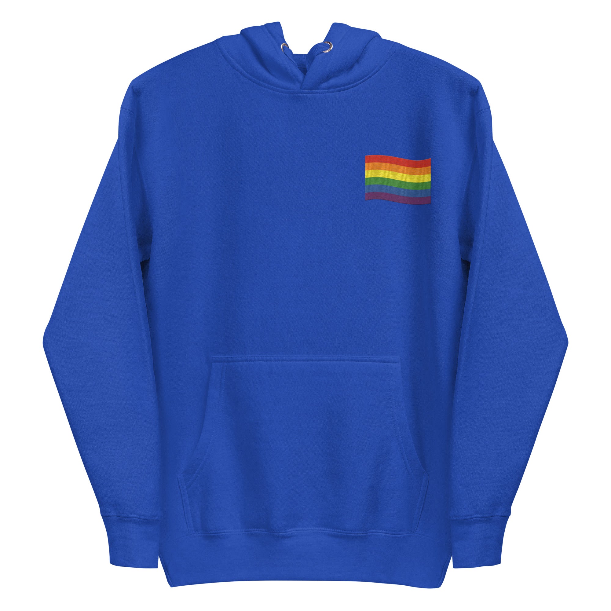 The Pride Flag Hoodie by Pridelity is a stylish white hoodie featuring a small rainbow flag design on the chest, ideal for pairing with pride shirts. It includes a front pocket and drawstring hood, showcasing vibrant horizontal stripes of red, orange, yellow, green, blue, and purple on the rainbow flag.