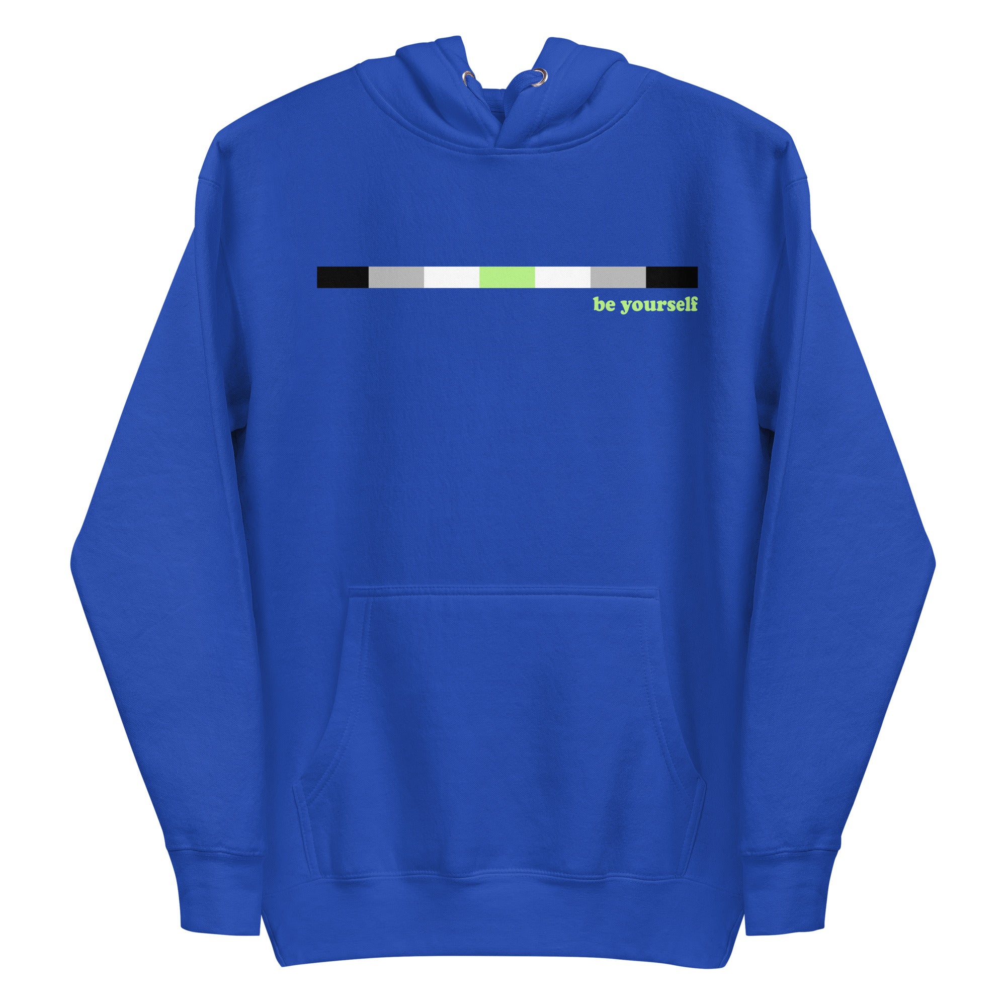 Introducing the Pridelity Agender Hoodie: a navy blue hoodie featuring a horizontal color bar in black, gray, white, and green. Adjacent to the bar on the right side is green text that reads 