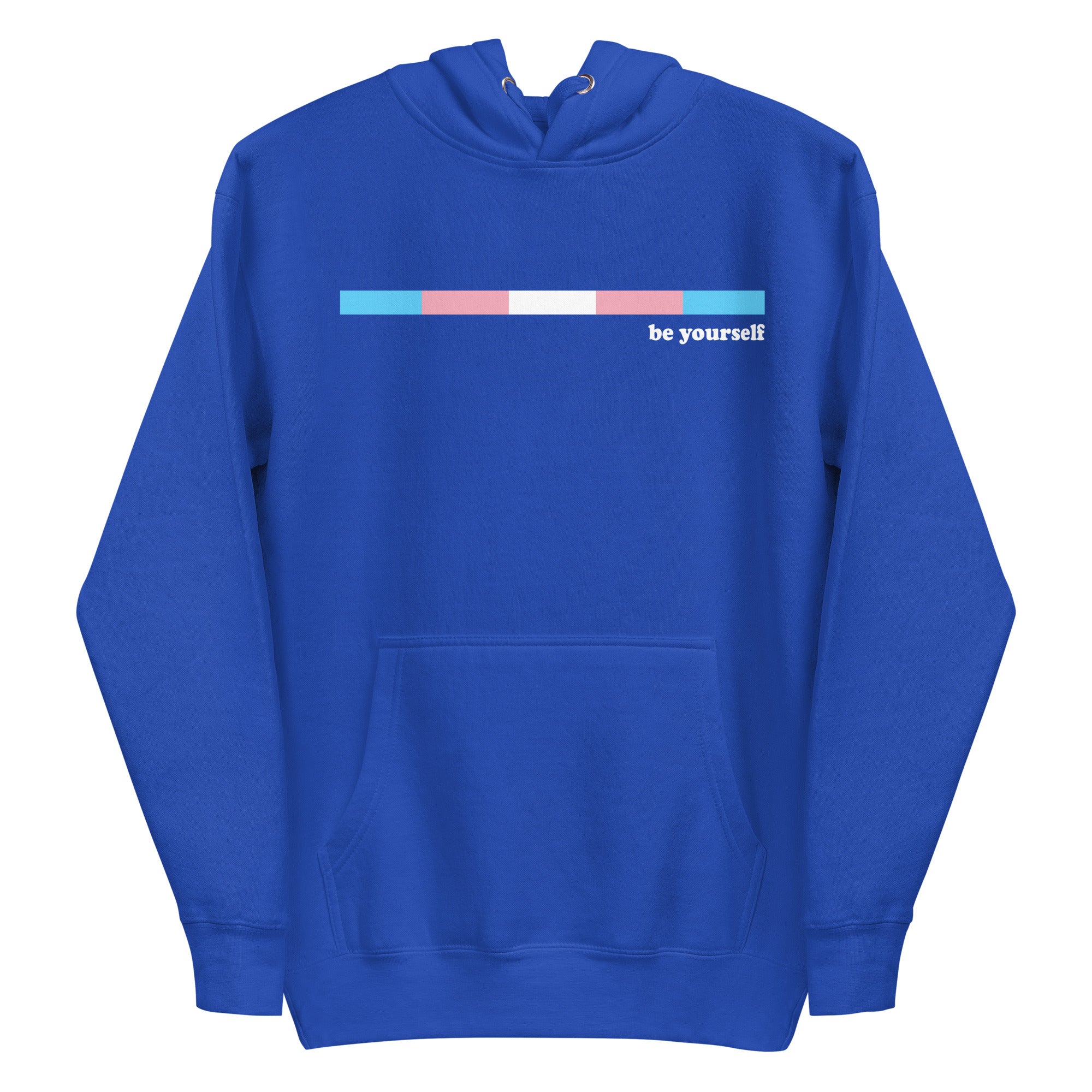 Celebrate your LGBTQ+ pride with Pridelity's Trans Hoodie in Team Royal. This stylish hoodie features a front pocket and a thin horizontal gradient bar of blue, pink, and white. Next to it, you'll find the empowering message 