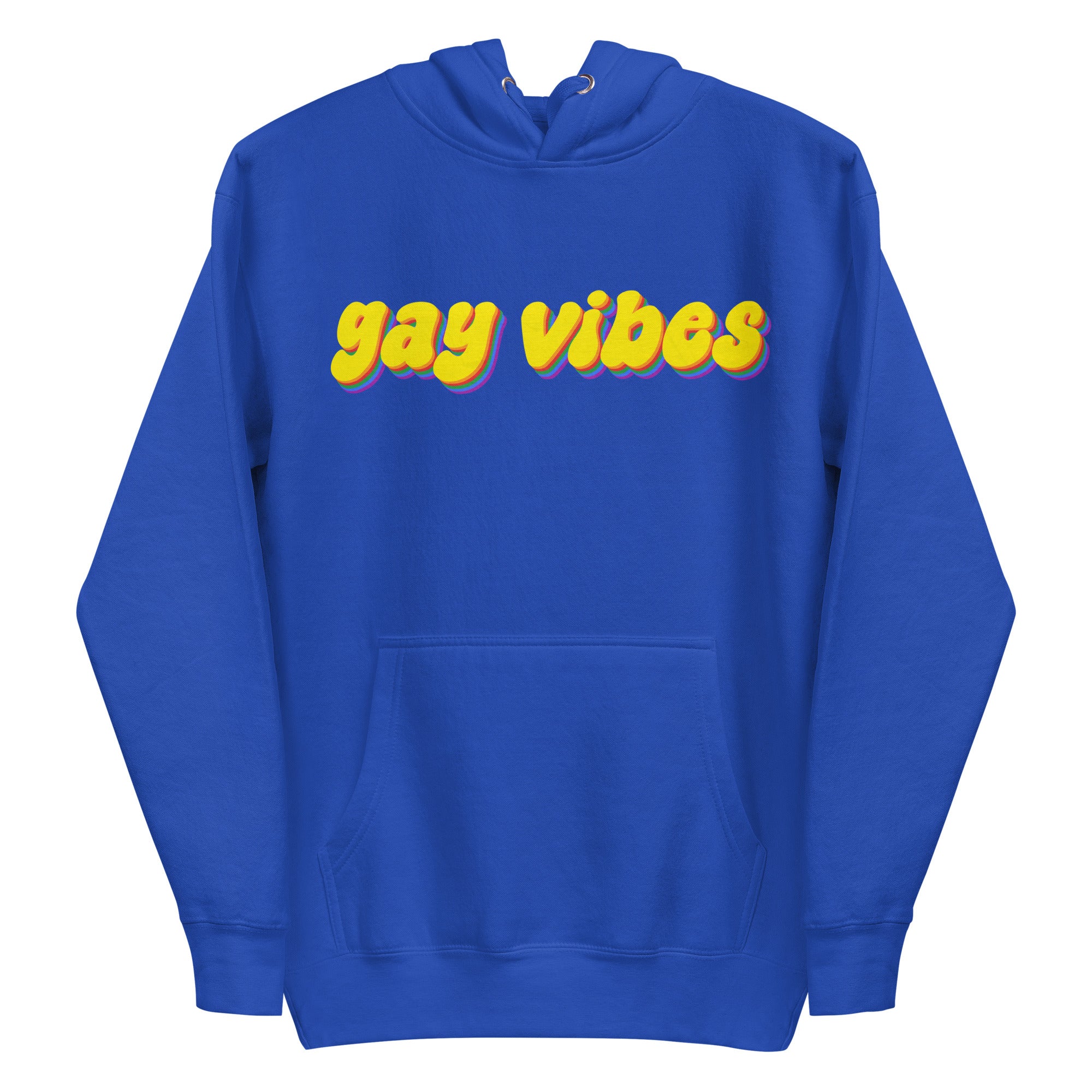 A Carbon Grey Gay Vibes Hoodie by Pridelity features the phrase 