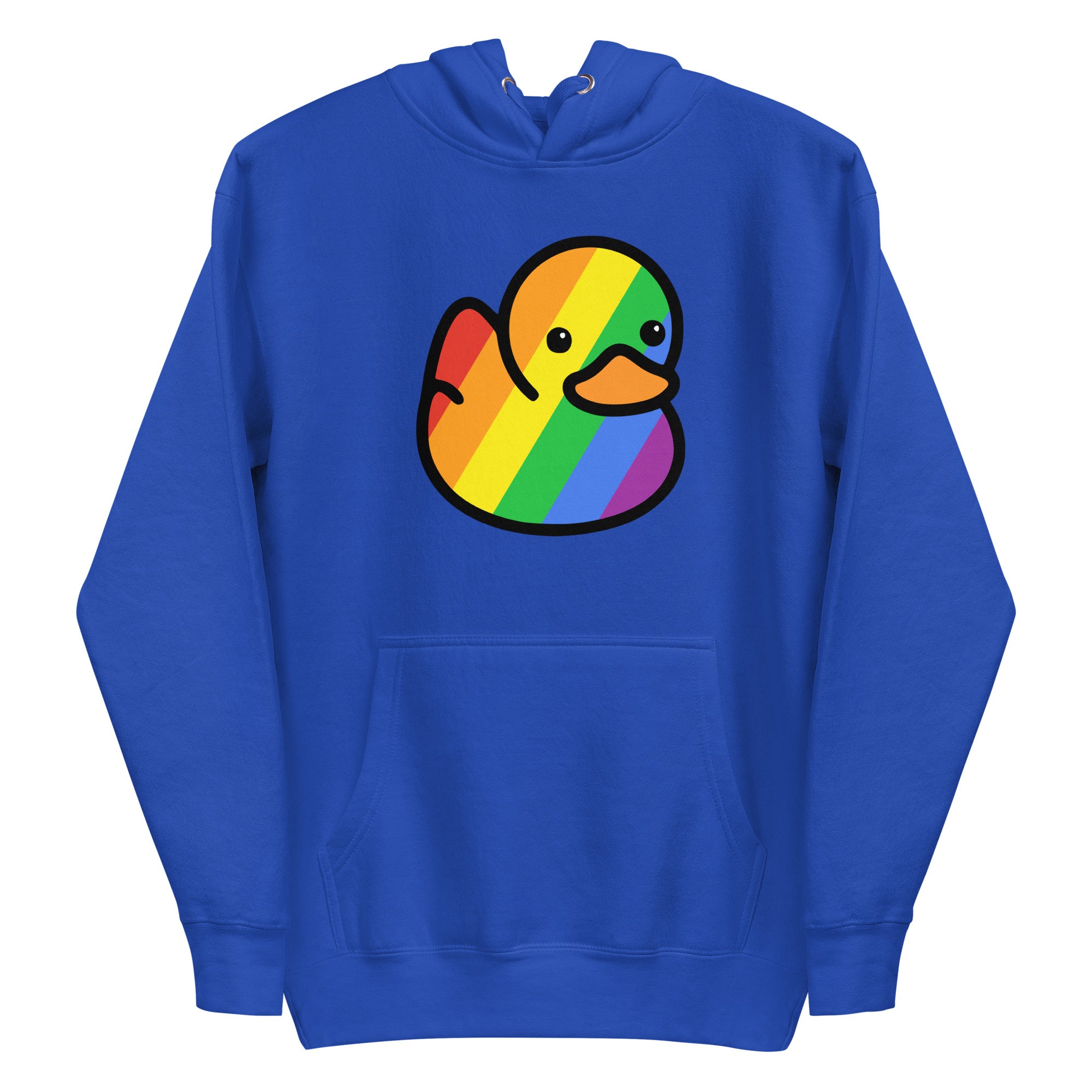 The Pride Duck Hoodie by Pridelity beautifully captures the essence of pride with a cartoon duck adorned in a vibrant rainbow pattern. The simple and cute expression of the duck adds an extra touch of charm, while the white hoodie offers both comfort and style with its drawstring hood and front pocket, making it an ideal piece for your pride shirts collection.