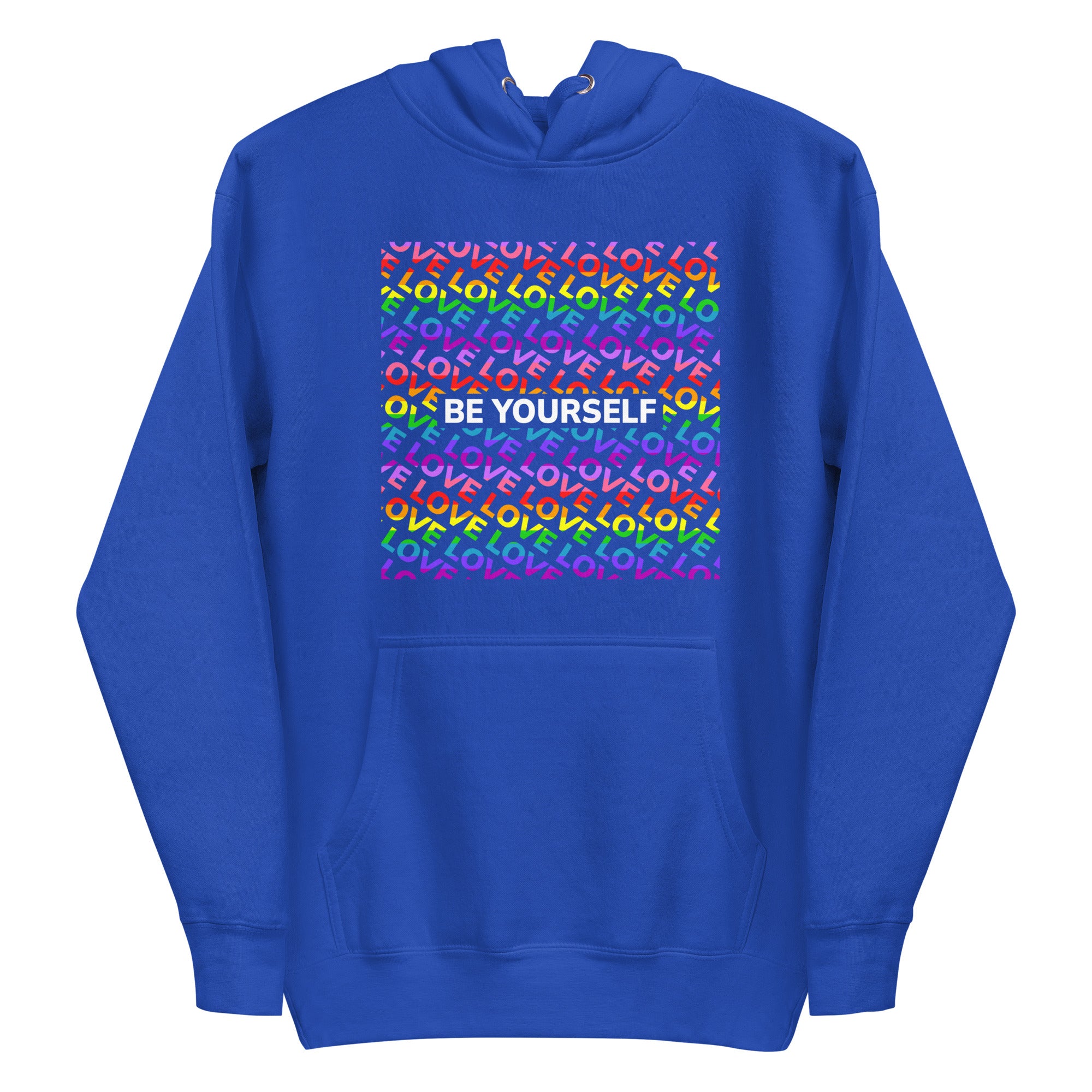 Introducing the Be Yourself Hoodie by Pridelity: a black hoodie adorned with a vibrant square pattern and the uplifting message 