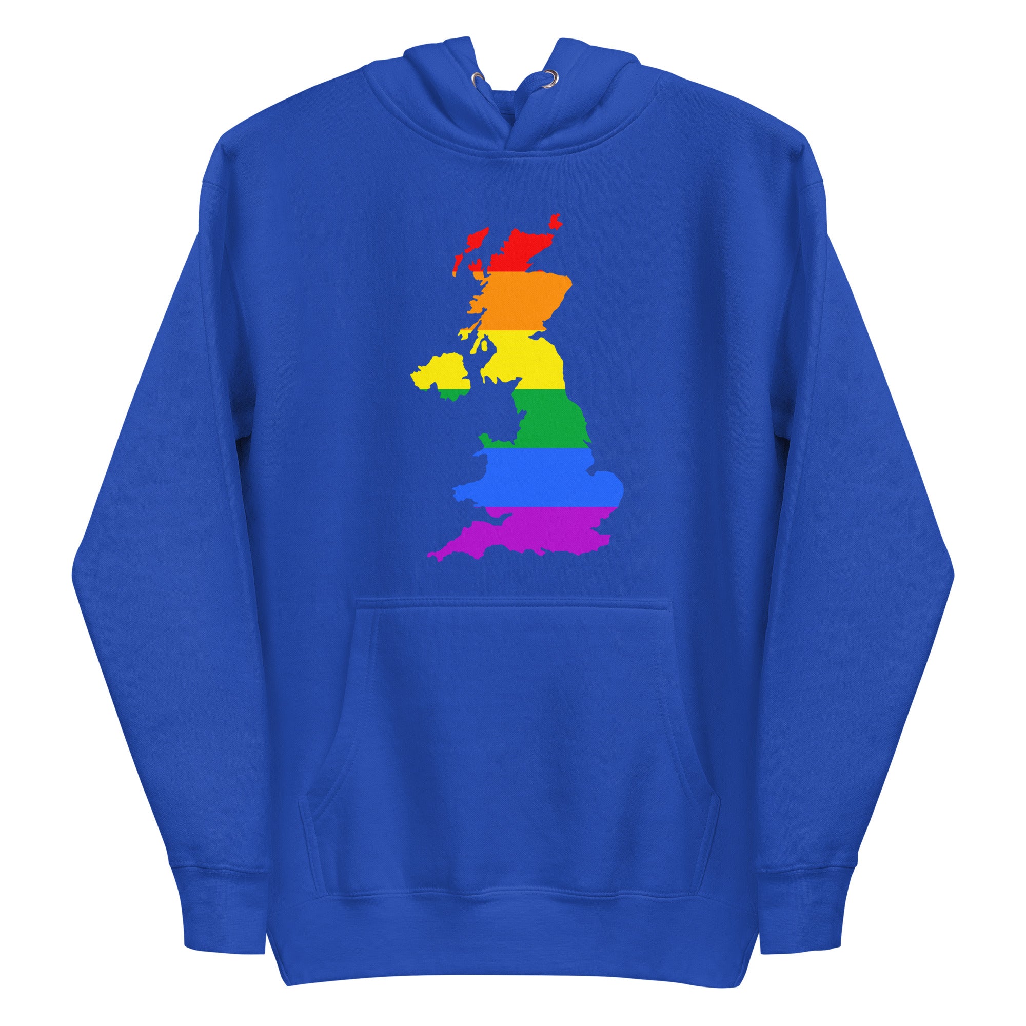 Introducing the British Isles Pride Hoodie by Pridelity, this sky blue hoodie features a vibrant depiction of Great Britain in rainbow colors, reflecting the LGBTQ+ pride flag. The eye-catching design is prominently displayed on the chest, making it an essential piece for any Pride Collection.