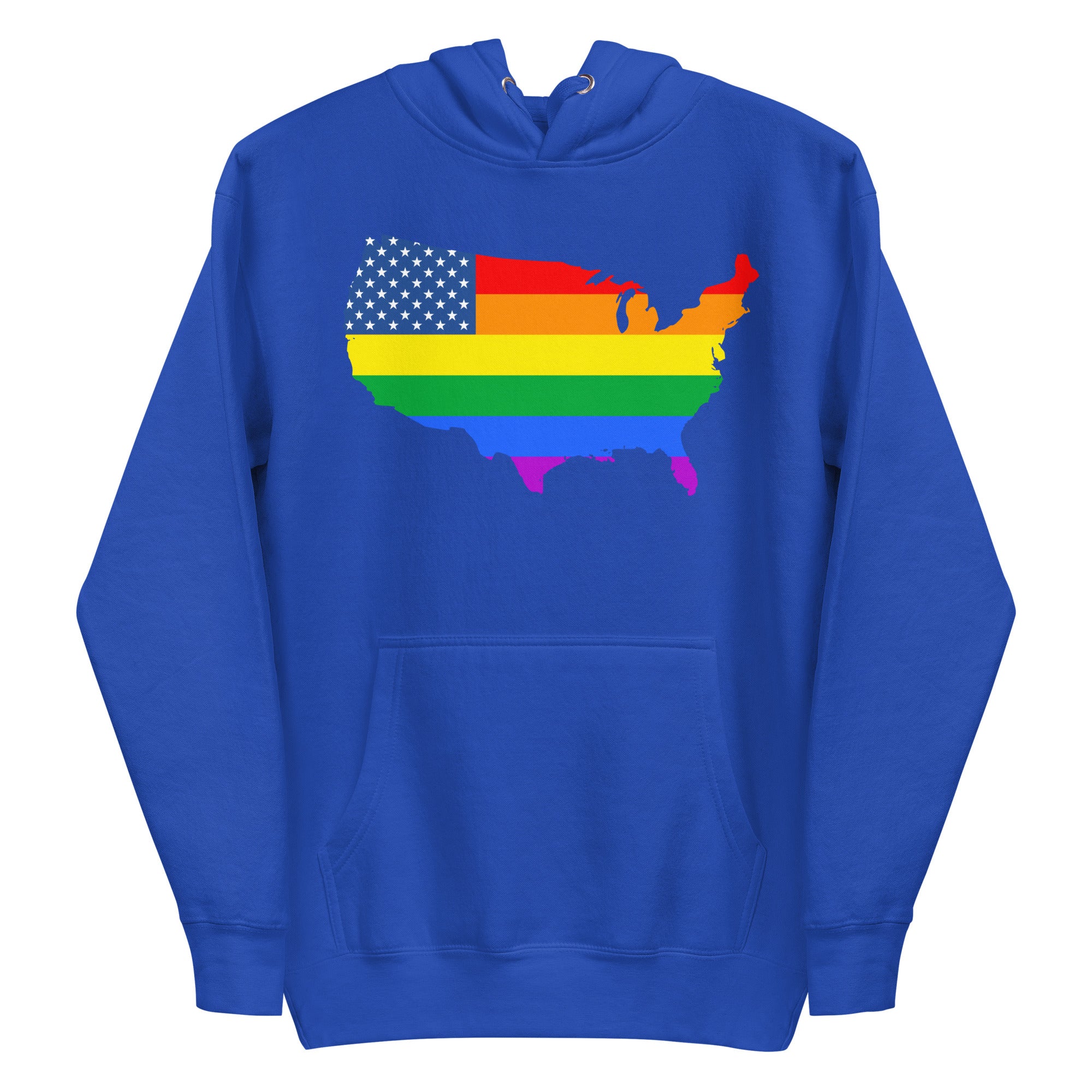 The US Map Pride Hoodie by Pridelity, in a sky blue color, showcases the United States map adorned with an American flag design that transitions into rainbow stripes, representing LGBTQ+ pride.