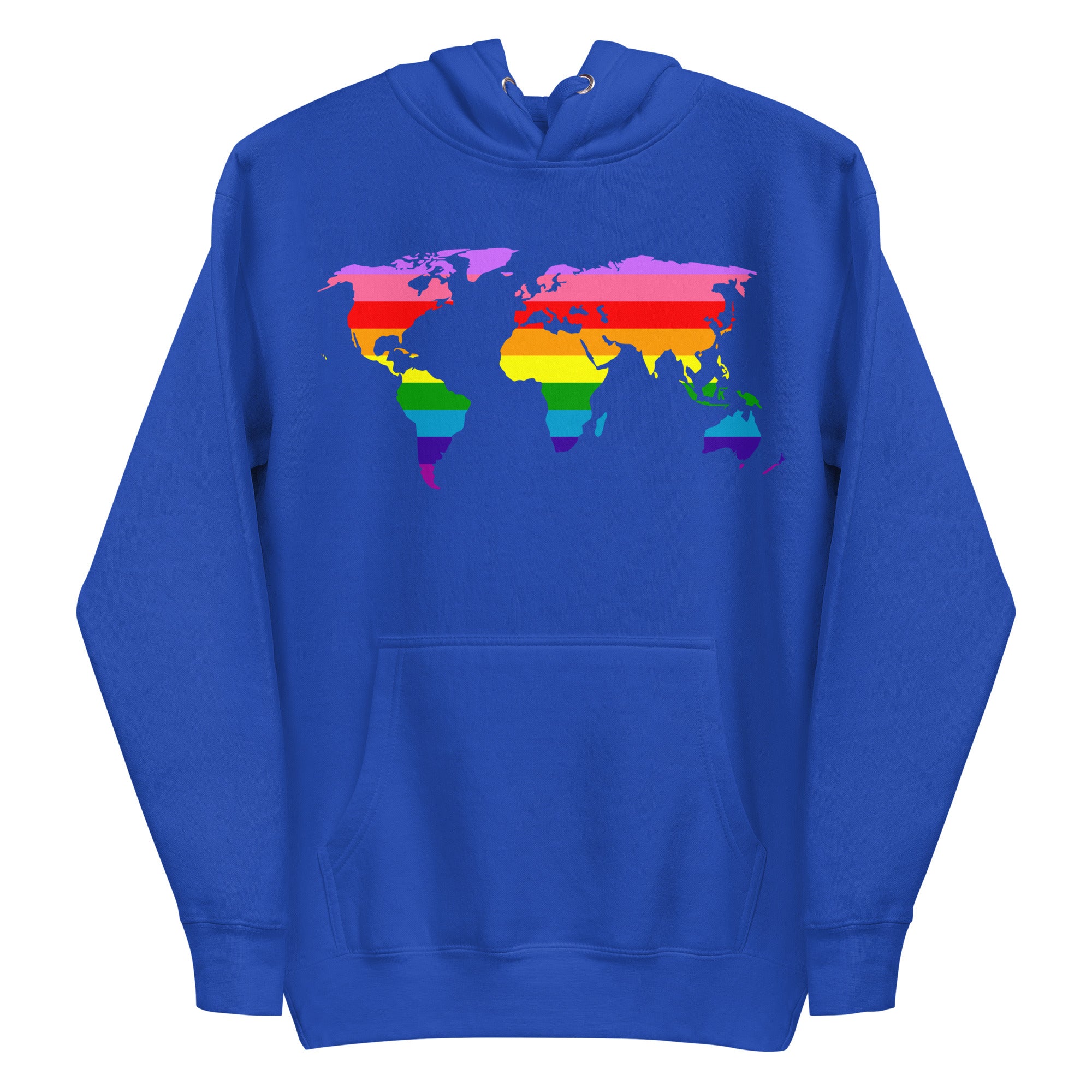 Introducing the World Pride Hoodie from Pridelity. This sky blue hoodie showcases a vibrant world map with continents in the colors of the LGBTQ+ pride flag, prominently displayed on the front. Designed for comfort, it also features a convenient front pocket and drawstrings.