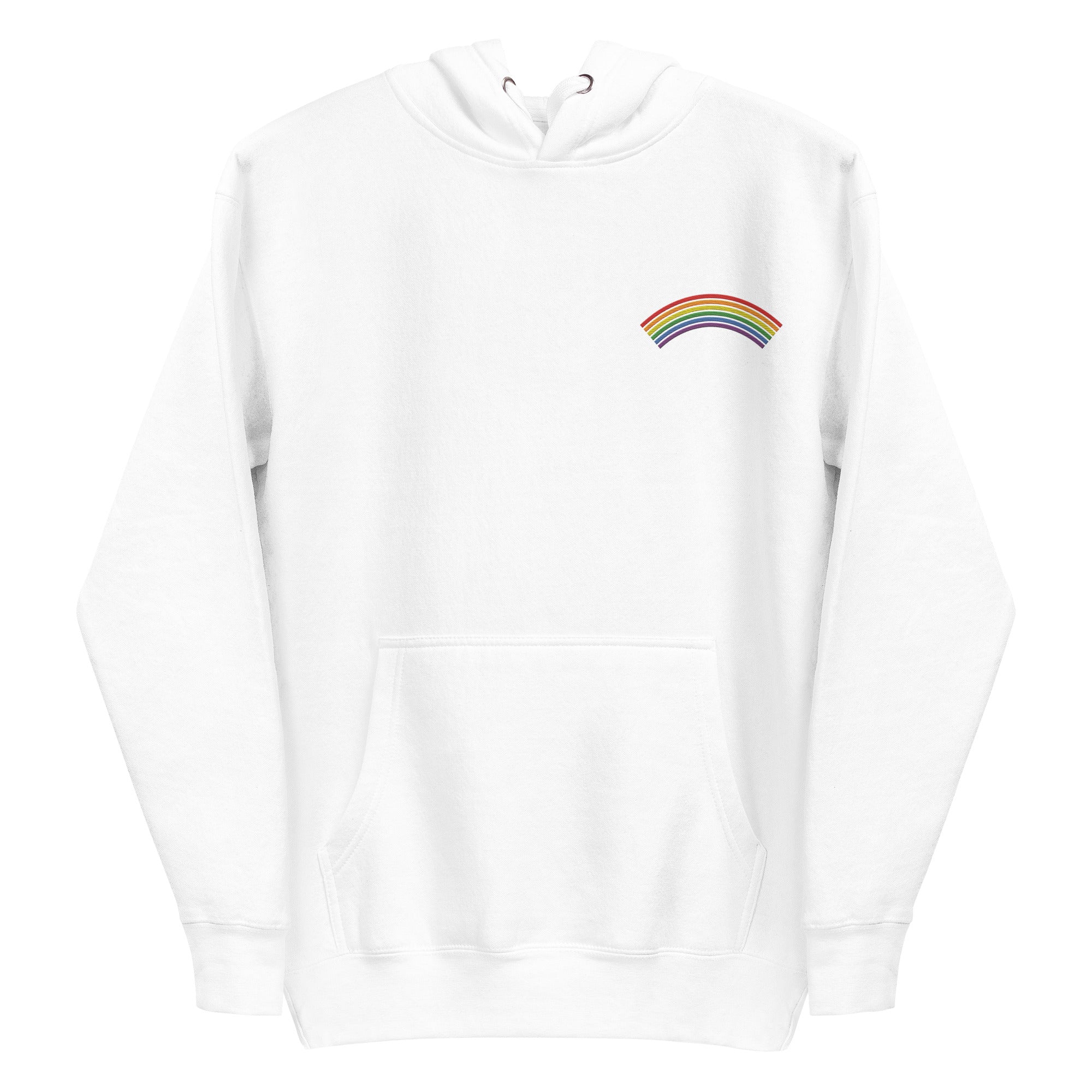 Introducing Pridelity's Rainbow Hoodie, a standout piece from the pride collection. This white hoodie showcases a subtle rainbow design on the upper left chest. It features a front pocket and drawstrings at the hood, perfectly capturing a minimalist style while honoring LGBTQ+ pride.