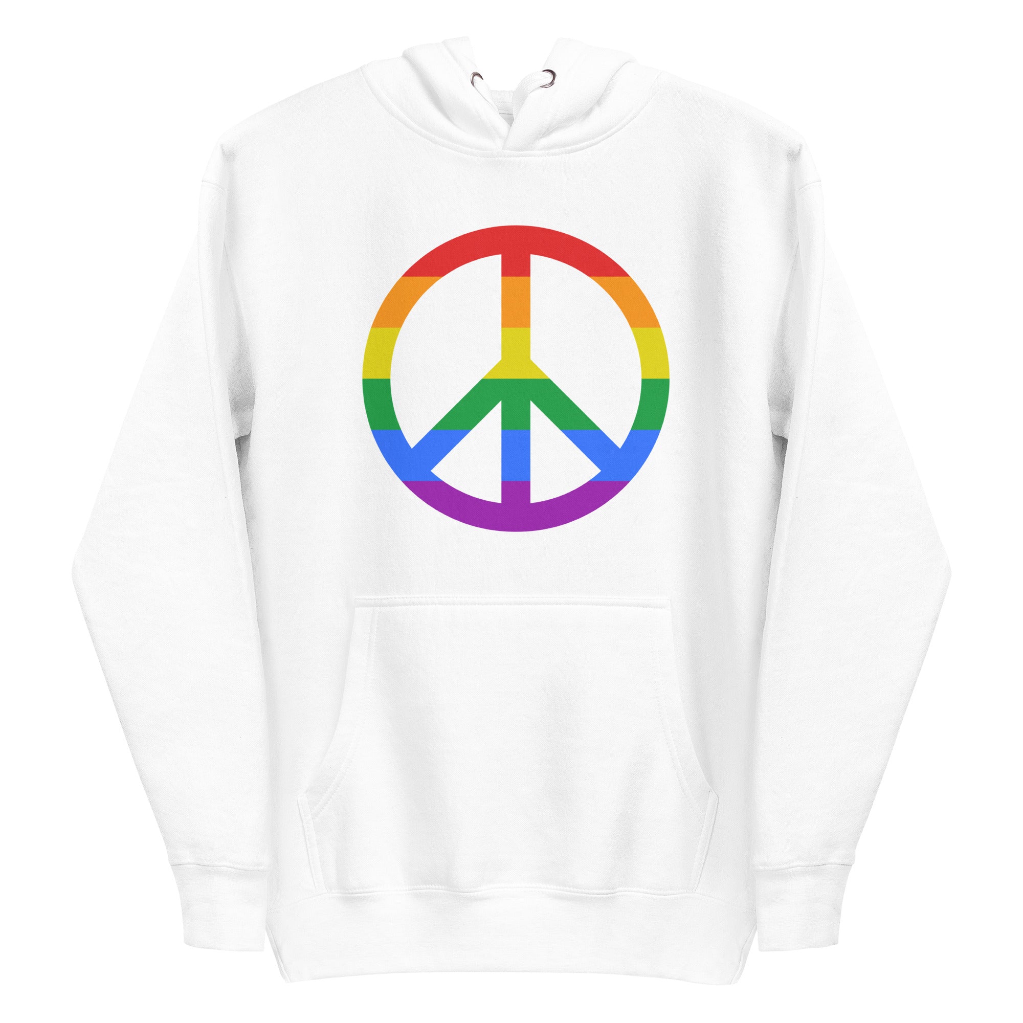 The Peace Hoodie by Pridelity showcases a rainbow peace symbol on the front of a black hoodie, set against a plain white background, making it an ideal addition to your pride shirt collection.