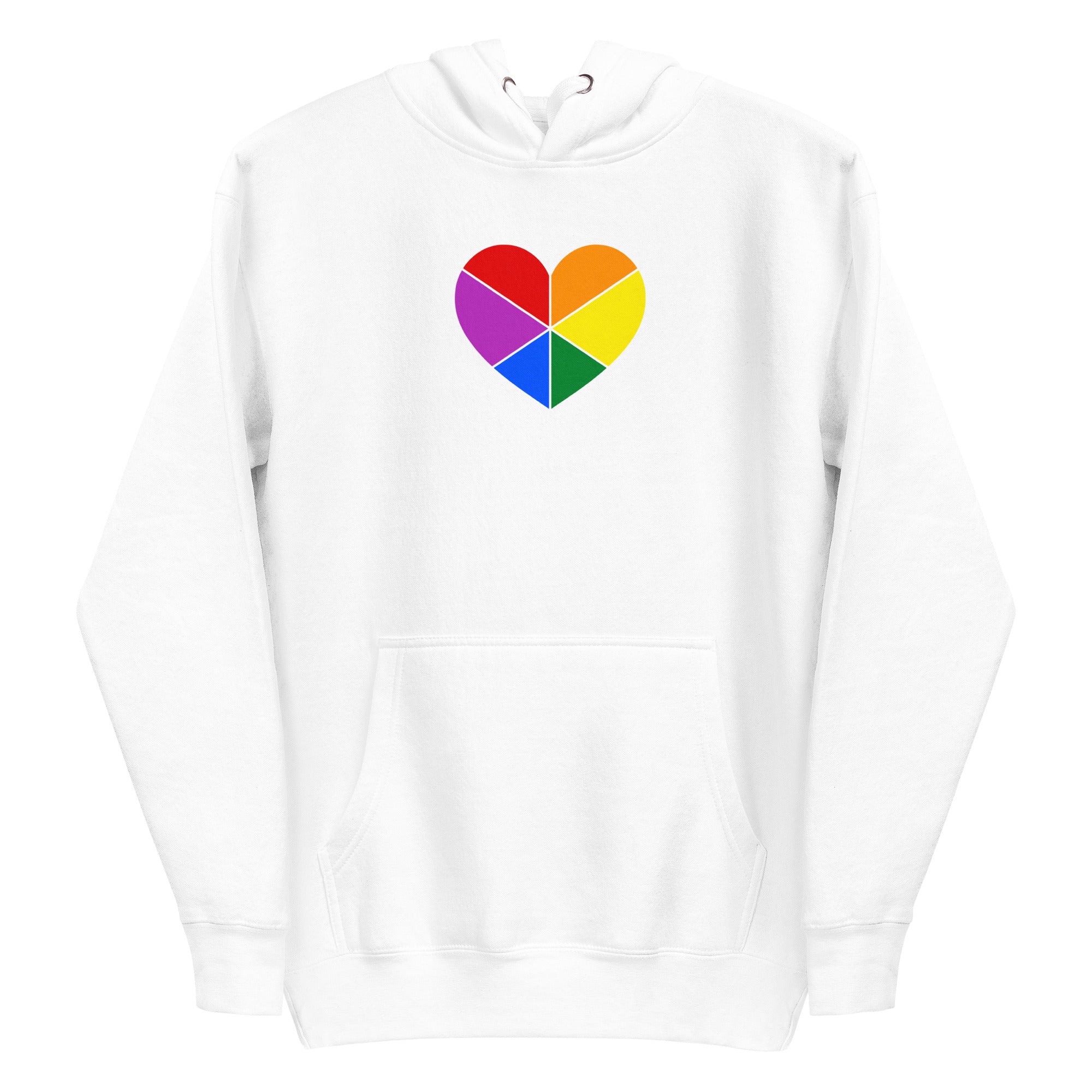 The Pride Heart Hoodie from Pridelity is a white hoodie adorned with a multicolored heart emblem at its center, inspired by pride shirts. Each segment of the heart reveals a different color, creating a vibrant rainbow pattern. It also includes a convenient front pocket and an adjustable hood with drawstrings for added comfort.