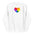 The Pride Heart Hoodie from Pridelity is a white hoodie adorned with a multicolored heart emblem at its center, inspired by pride shirts. Each segment of the heart reveals a different color, creating a vibrant rainbow pattern. It also includes a convenient front pocket and an adjustable hood with drawstrings for added comfort.