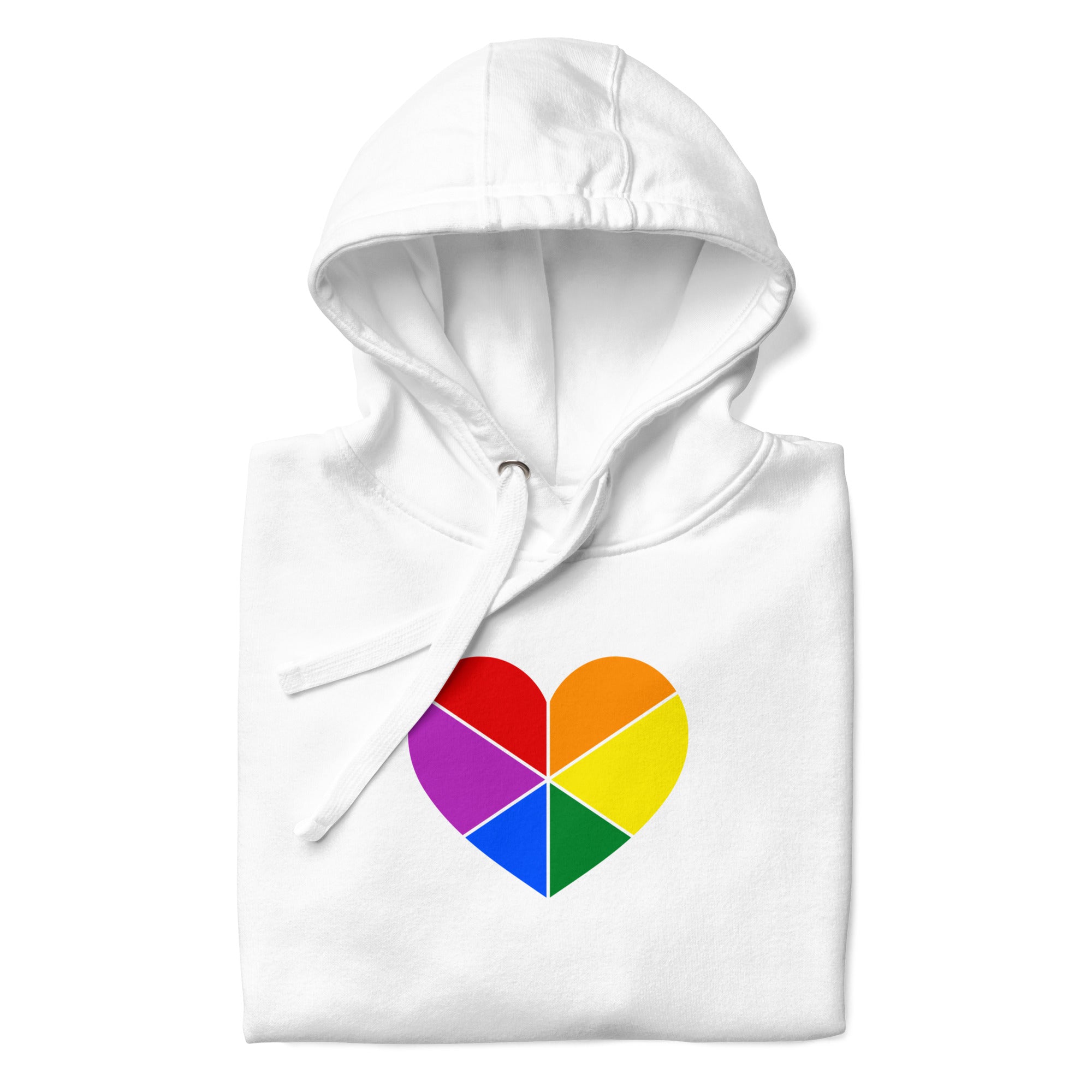 The Pride Heart Hoodie from Pridelity is a white hoodie adorned with a multicolored heart emblem at its center, inspired by pride shirts. Each segment of the heart reveals a different color, creating a vibrant rainbow pattern. It also includes a convenient front pocket and an adjustable hood with drawstrings for added comfort.