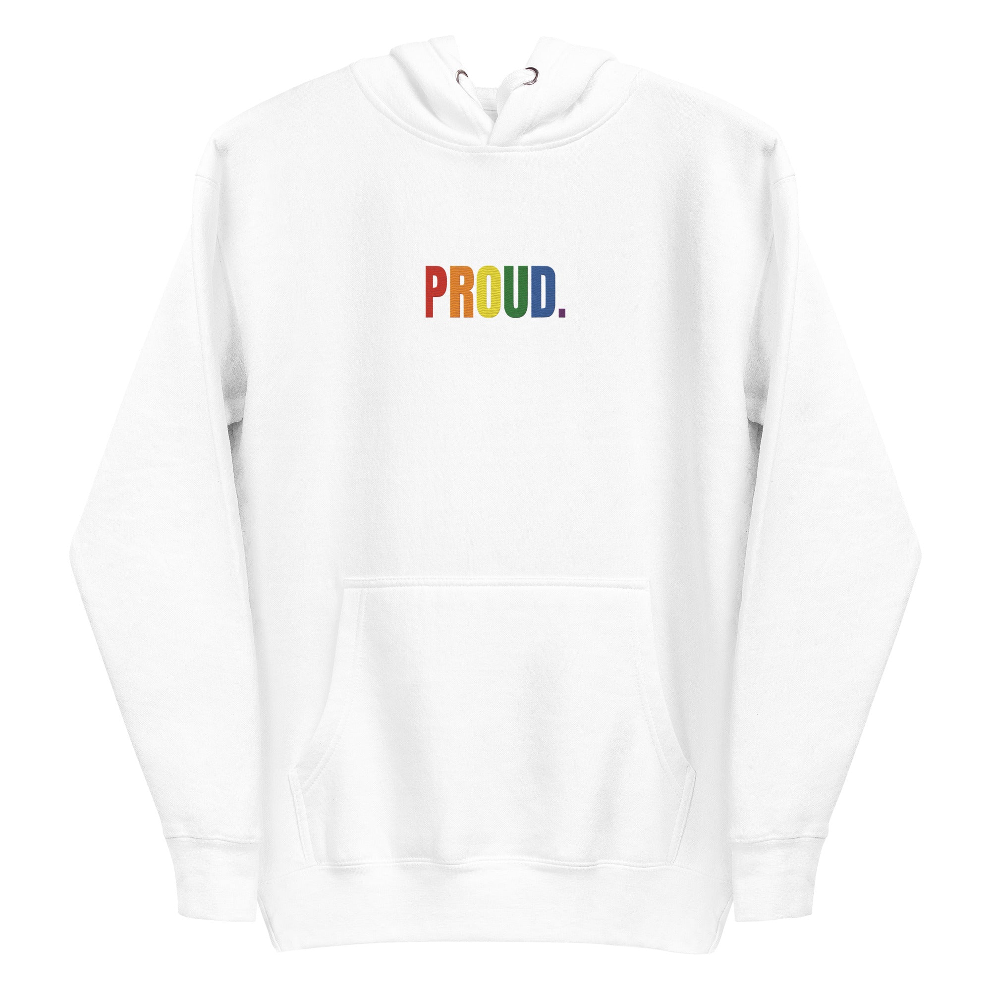 The Proud Hoodie by Pridelity is a white hoodie featuring 