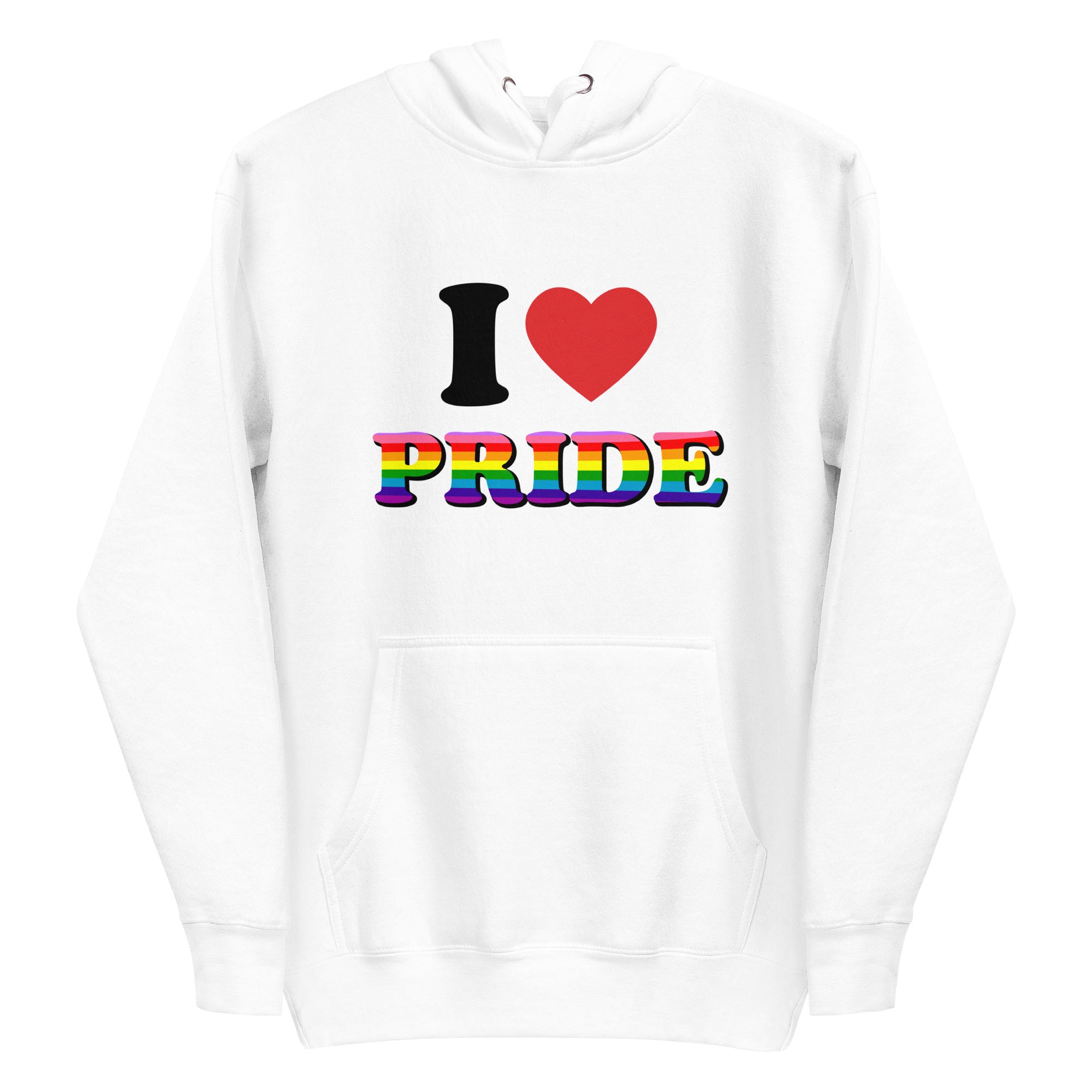 Introducing the I Love Pride Hoodie from Pridelity, a stylish white hoodie showcasing 