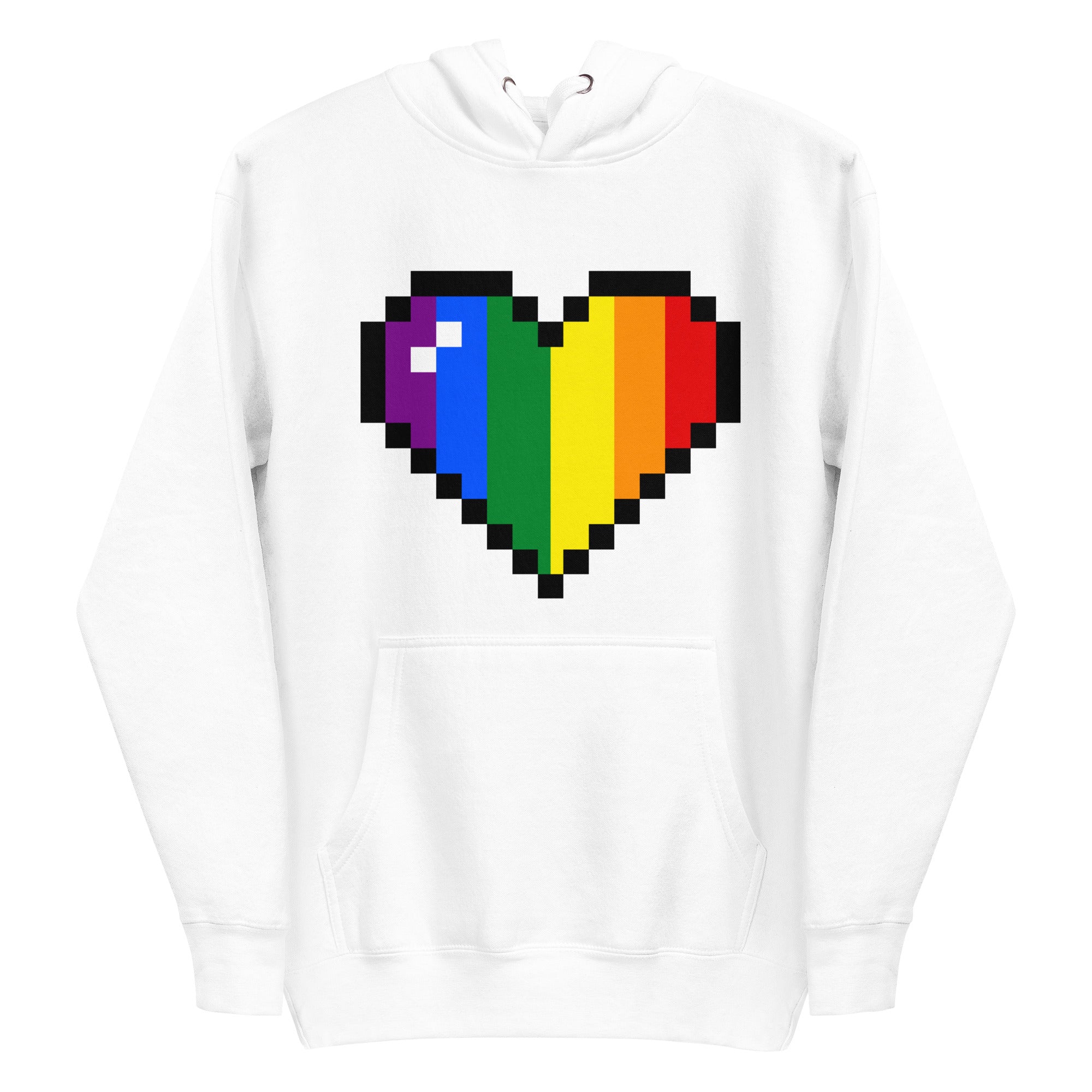 Introducing the Big Pixel Heart Hoodie by Pridelity, a team royal blue garment showcasing a centrally placed pixelated heart design in radiant rainbow shades of red, orange, yellow, green, blue, and purple. Proudly part of our Pride Collection.